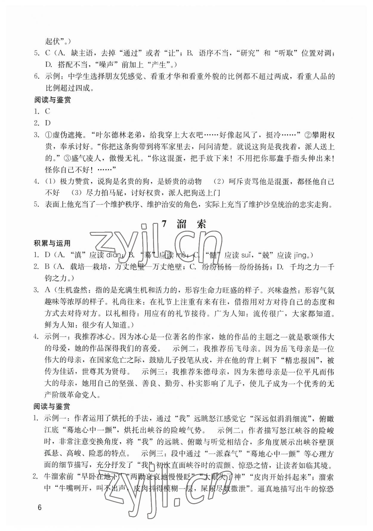 2023年阳光学业评价九年级语文下册人教版 参考答案第6页