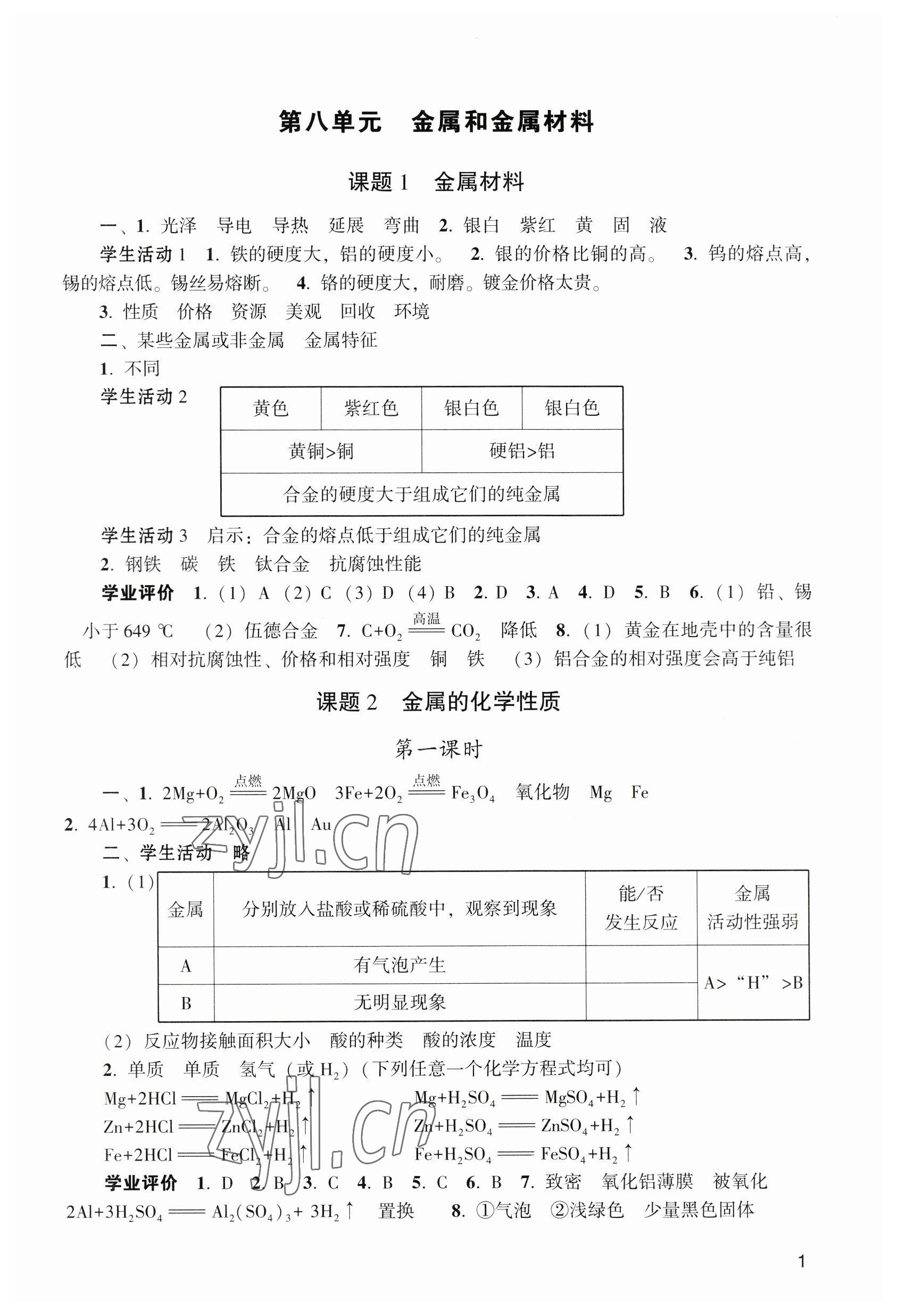 2023年陽光學(xué)業(yè)評價九年級化學(xué)下冊人教版 參考答案第1頁