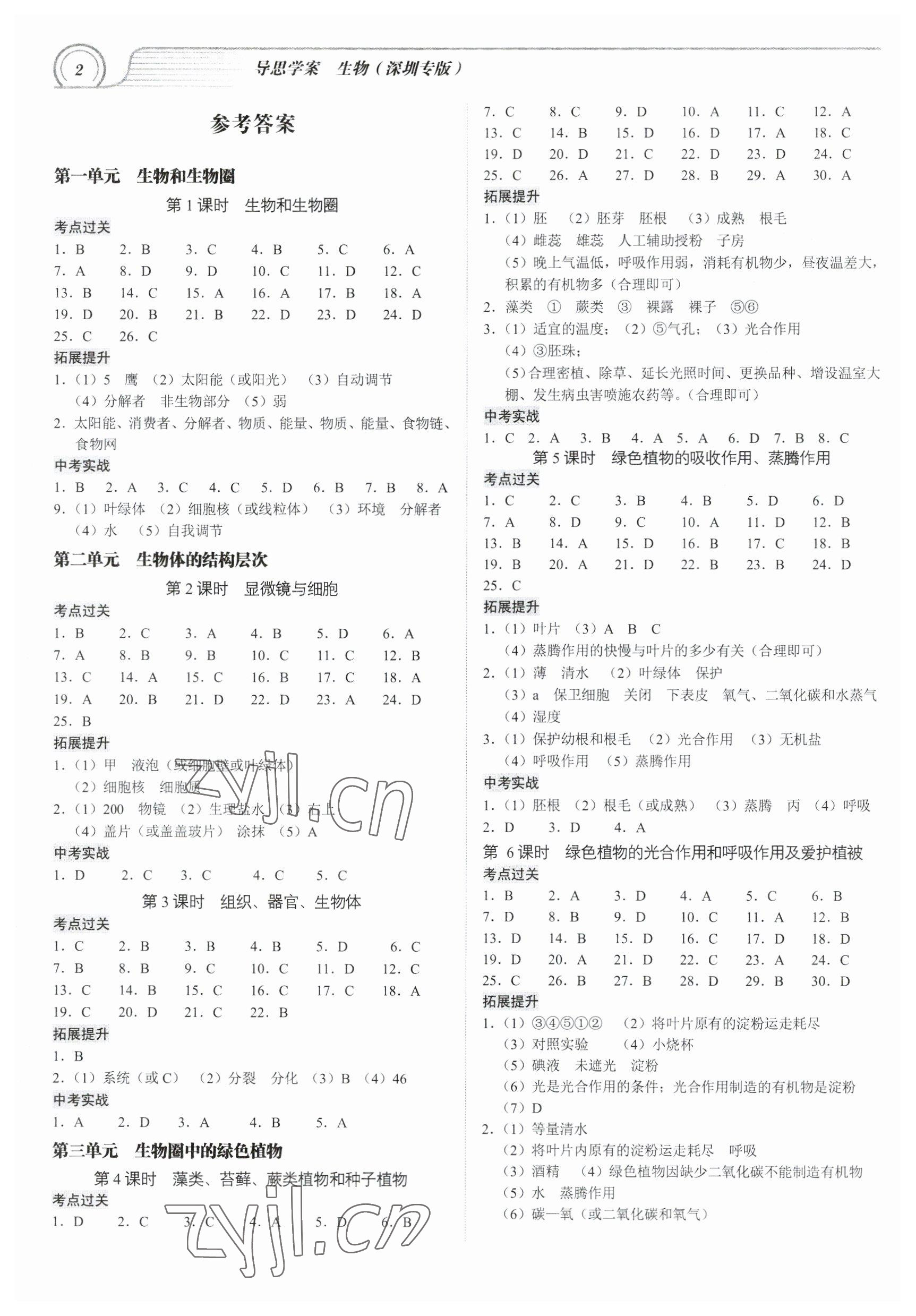 2023年导思学案生物深圳专版 参考答案第1页