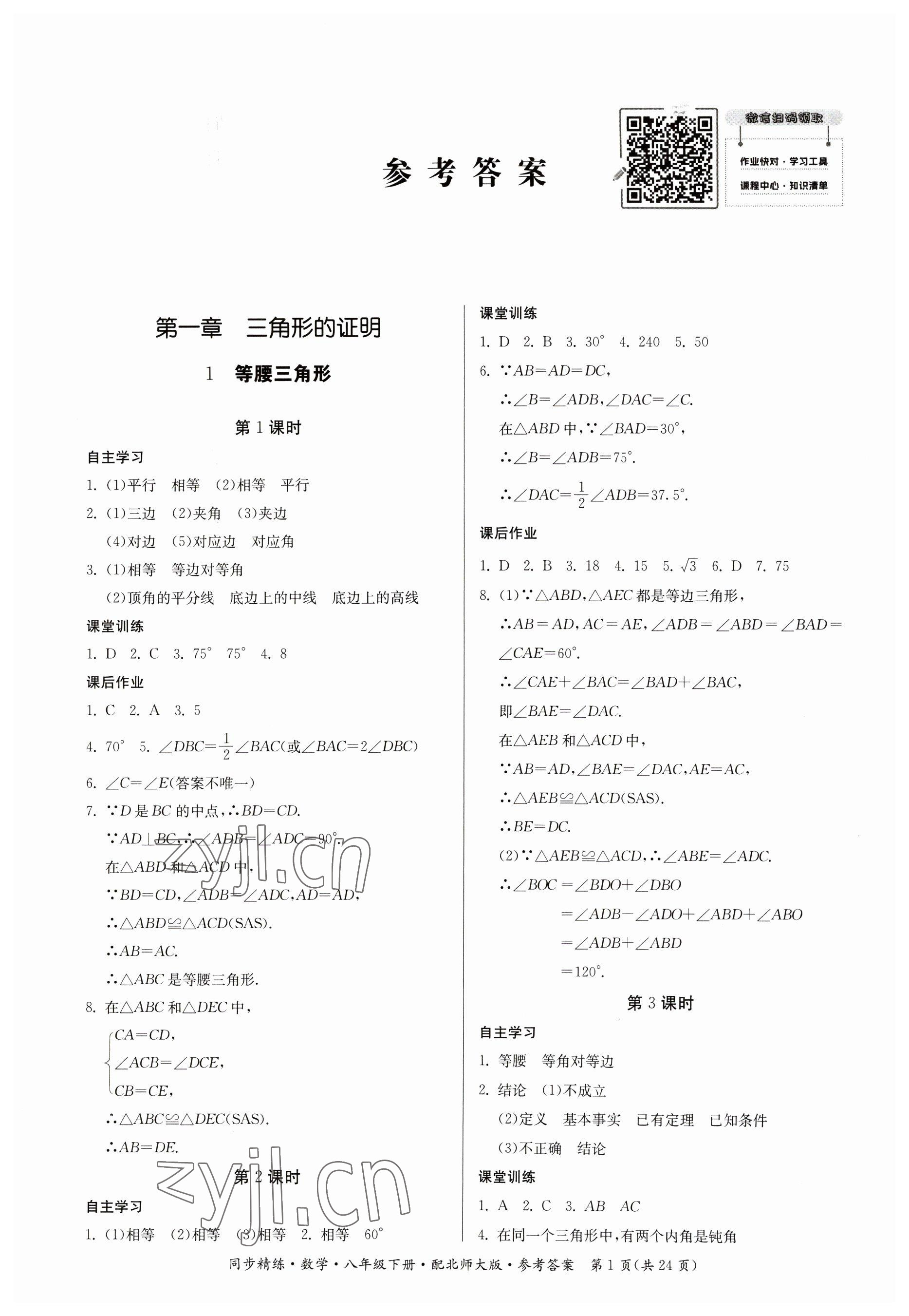 2023年同步精练广东人民出版社八年级数学下册北师大版 第1页