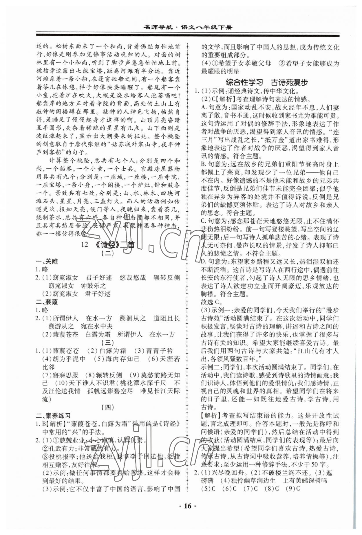 2023年名師導(dǎo)航同步練與測八年級語文下冊人教版 參考答案第16頁