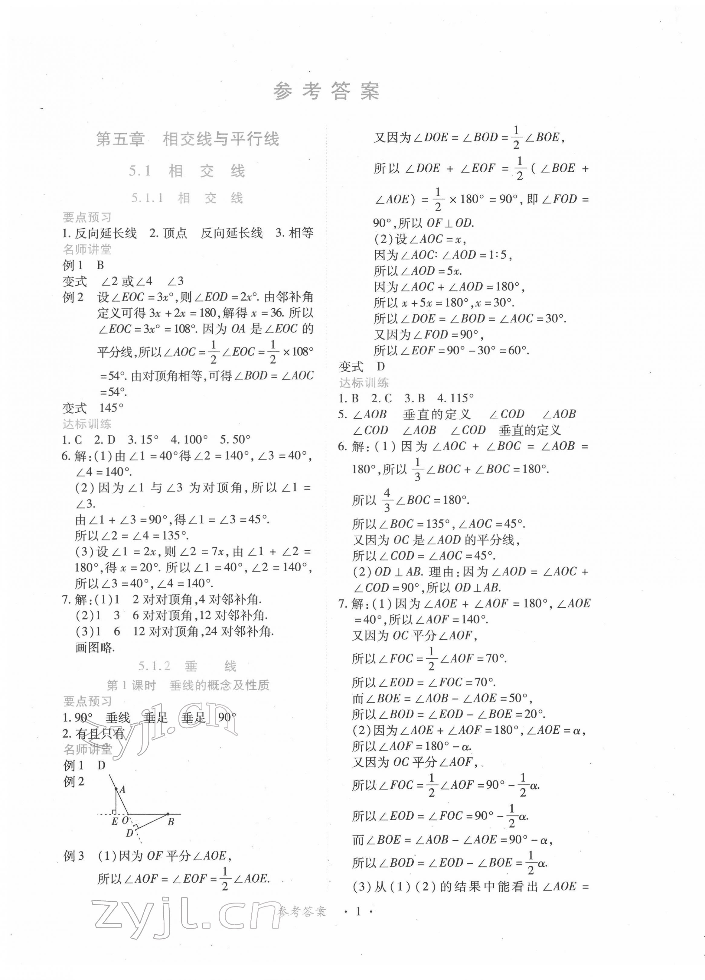 2023年一课一练创新练习七年级数学下册人教版 参考答案第1页