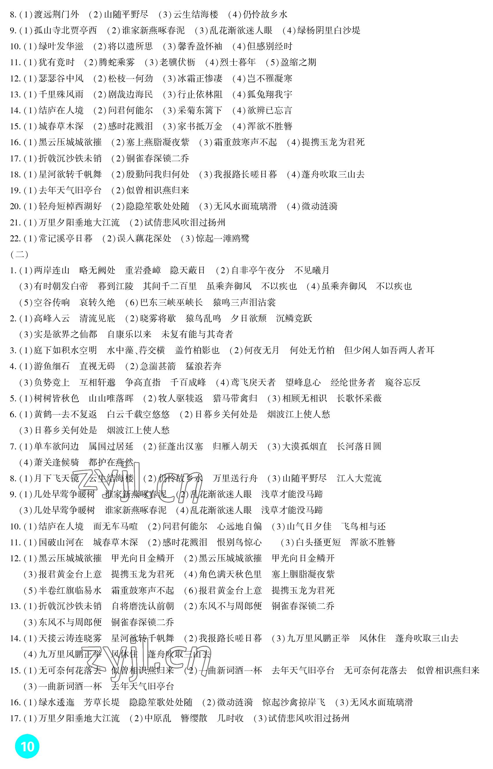 2023年中考总复习新疆文化出版社语文 参考答案第10页