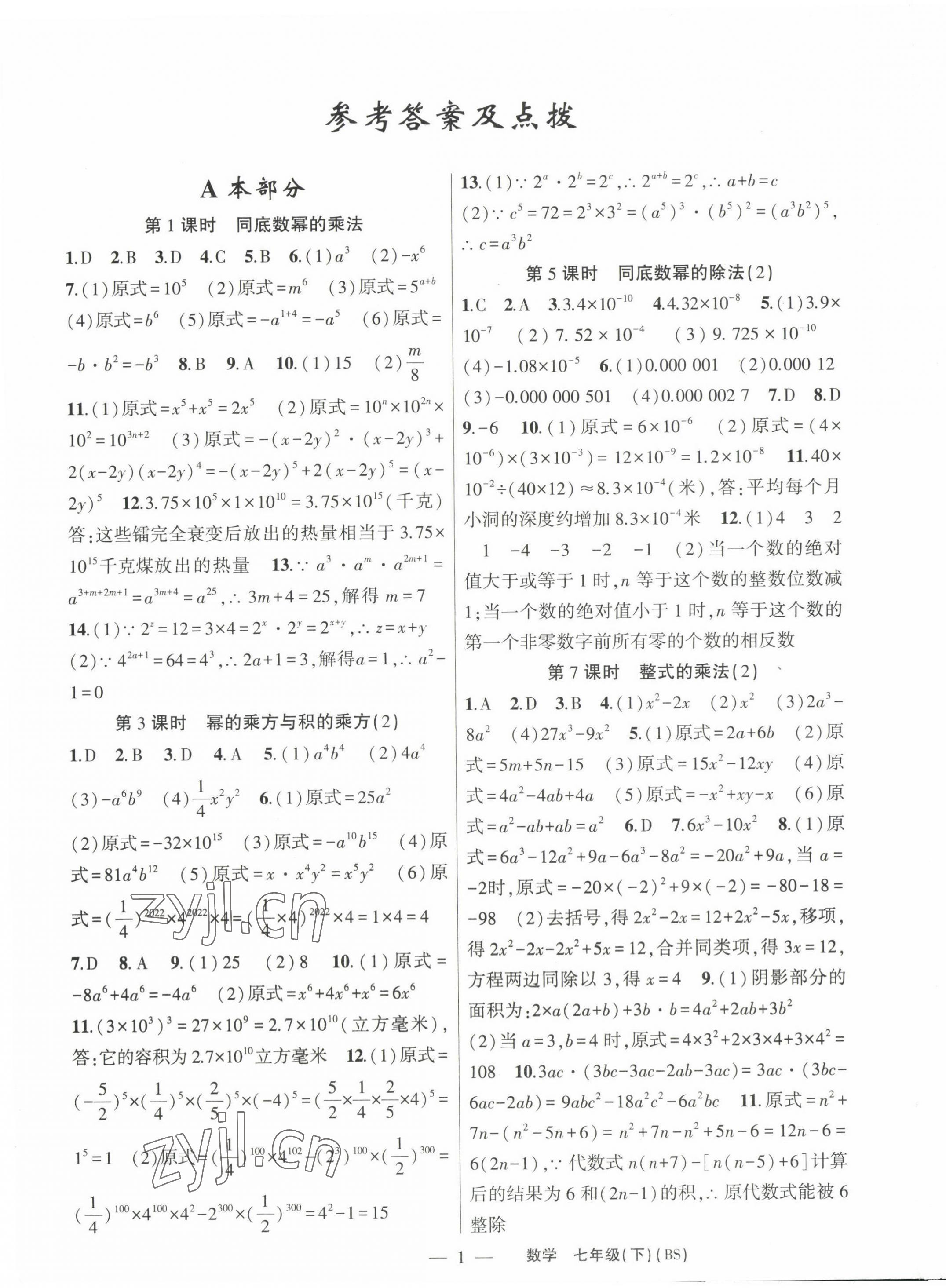 2023年原创新课堂七年级数学下册北师大版深圳专版 第1页