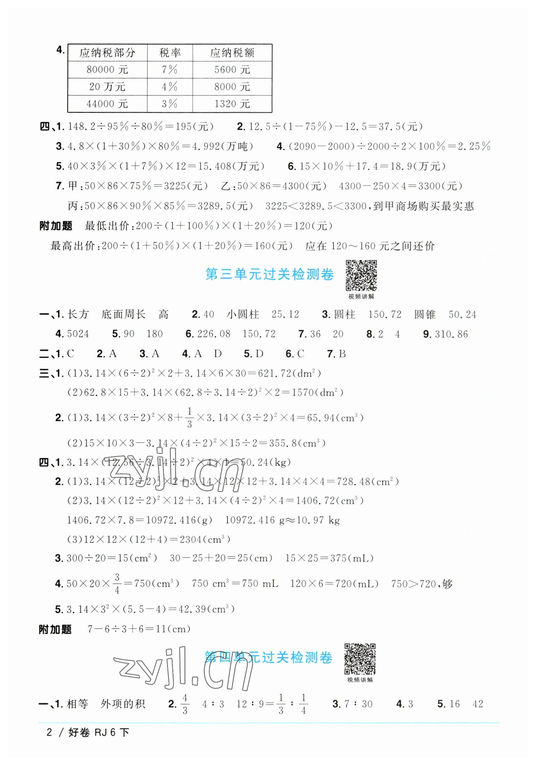 2023年阳光同学一线名师全优好卷六年级数学下册人教版 参考答案第2页