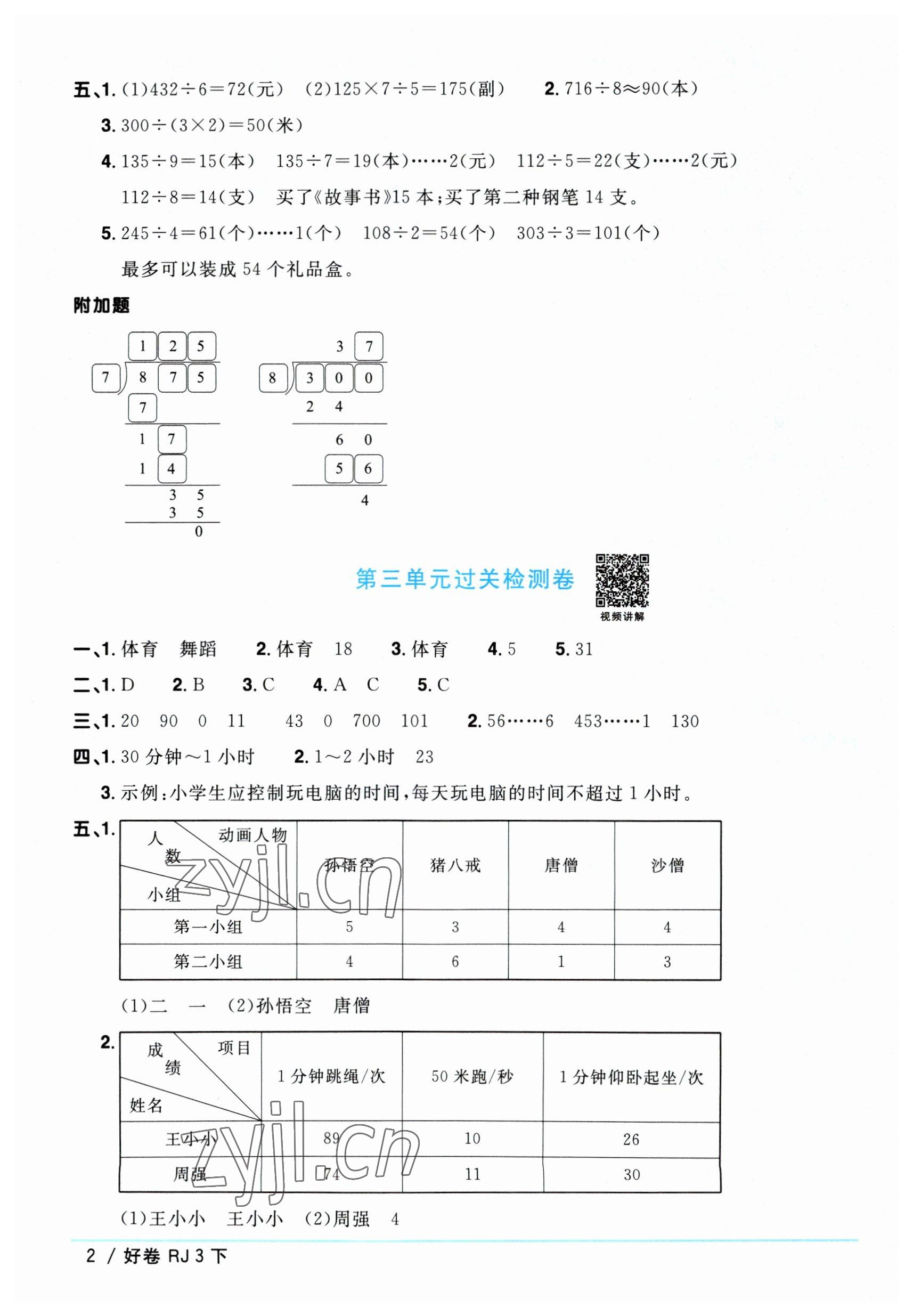 2023年陽(yáng)光同學(xué)一線名師全優(yōu)好卷三年級(jí)數(shù)學(xué)下冊(cè)人教版 參考答案第2頁(yè)