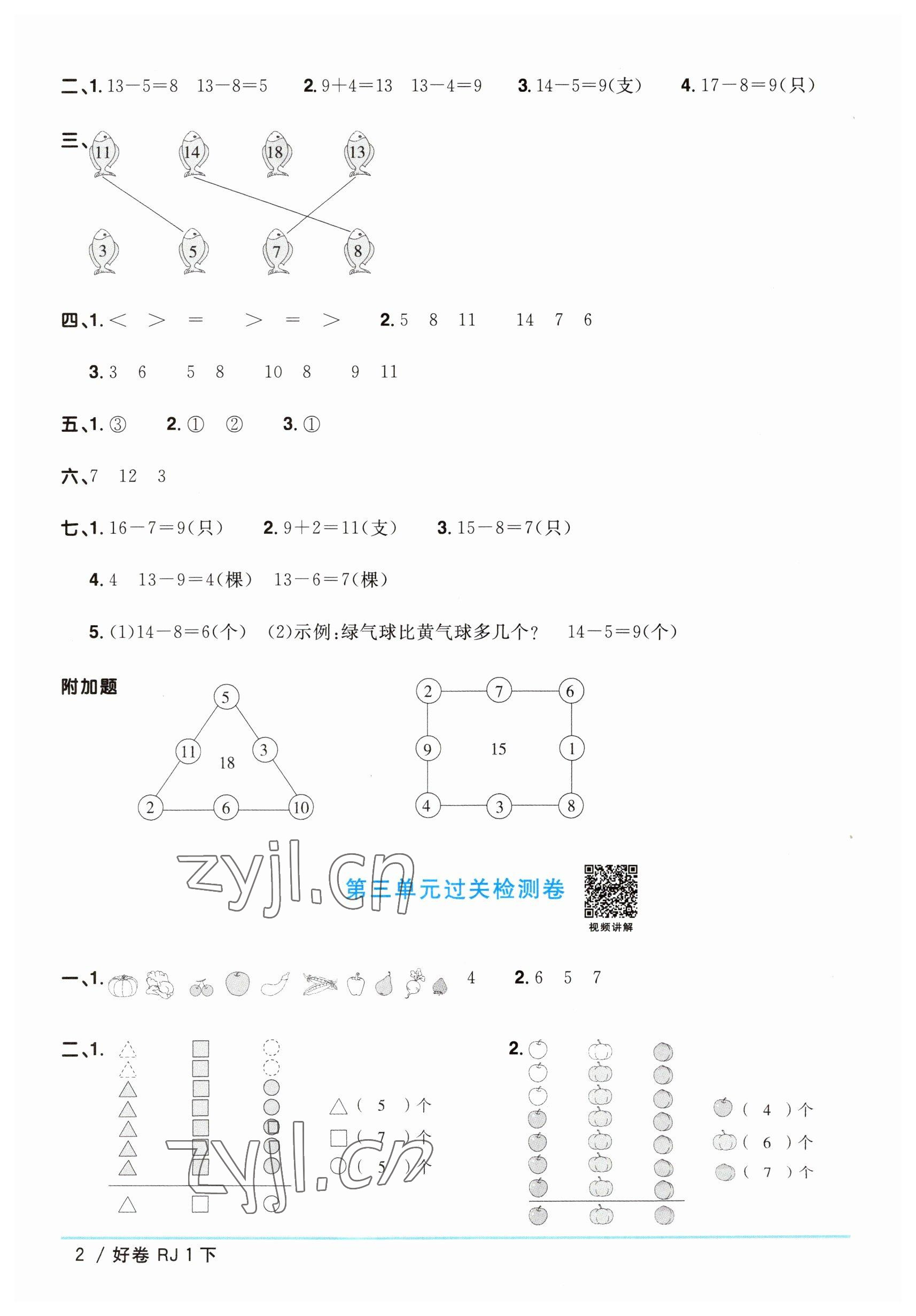 2023年阳光同学一线名师全优好卷一年级数学下册人教版 参考答案第2页