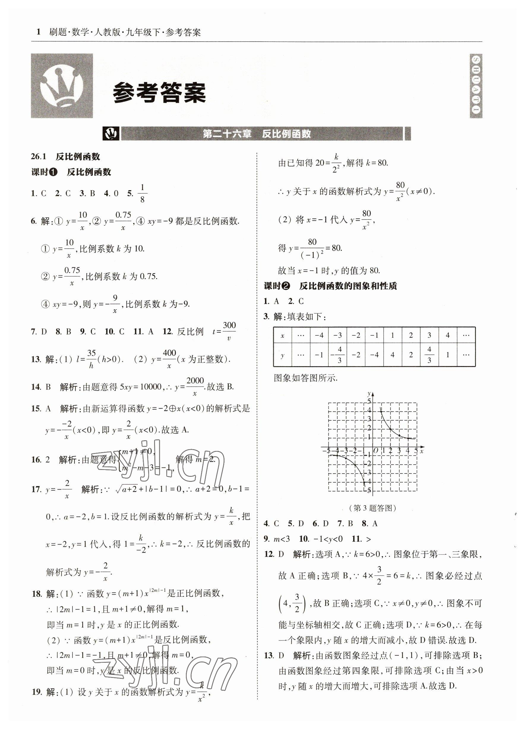 2023年北大绿卡刷题九年级数学下册人教版 参考答案第1页