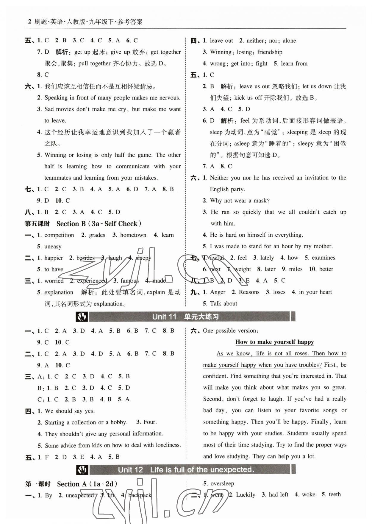 2023年北大绿卡刷题九年级英语下册人教版 参考答案第2页