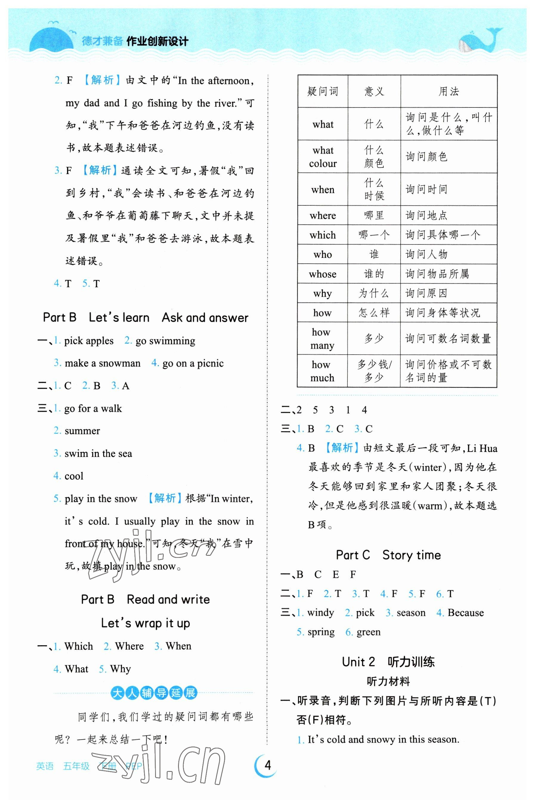 2023年王朝霞德才兼?zhèn)渥鳂I(yè)創(chuàng)新設計五年級英語下冊人教版 參考答案第4頁