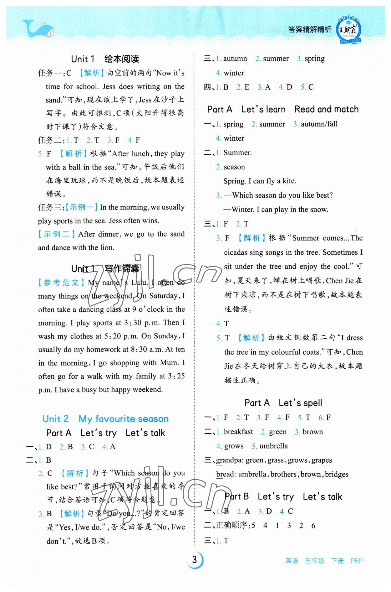 2023年王朝霞德才兼?zhèn)渥鳂I(yè)創(chuàng)新設(shè)計(jì)五年級(jí)英語下冊(cè)人教版 參考答案第3頁