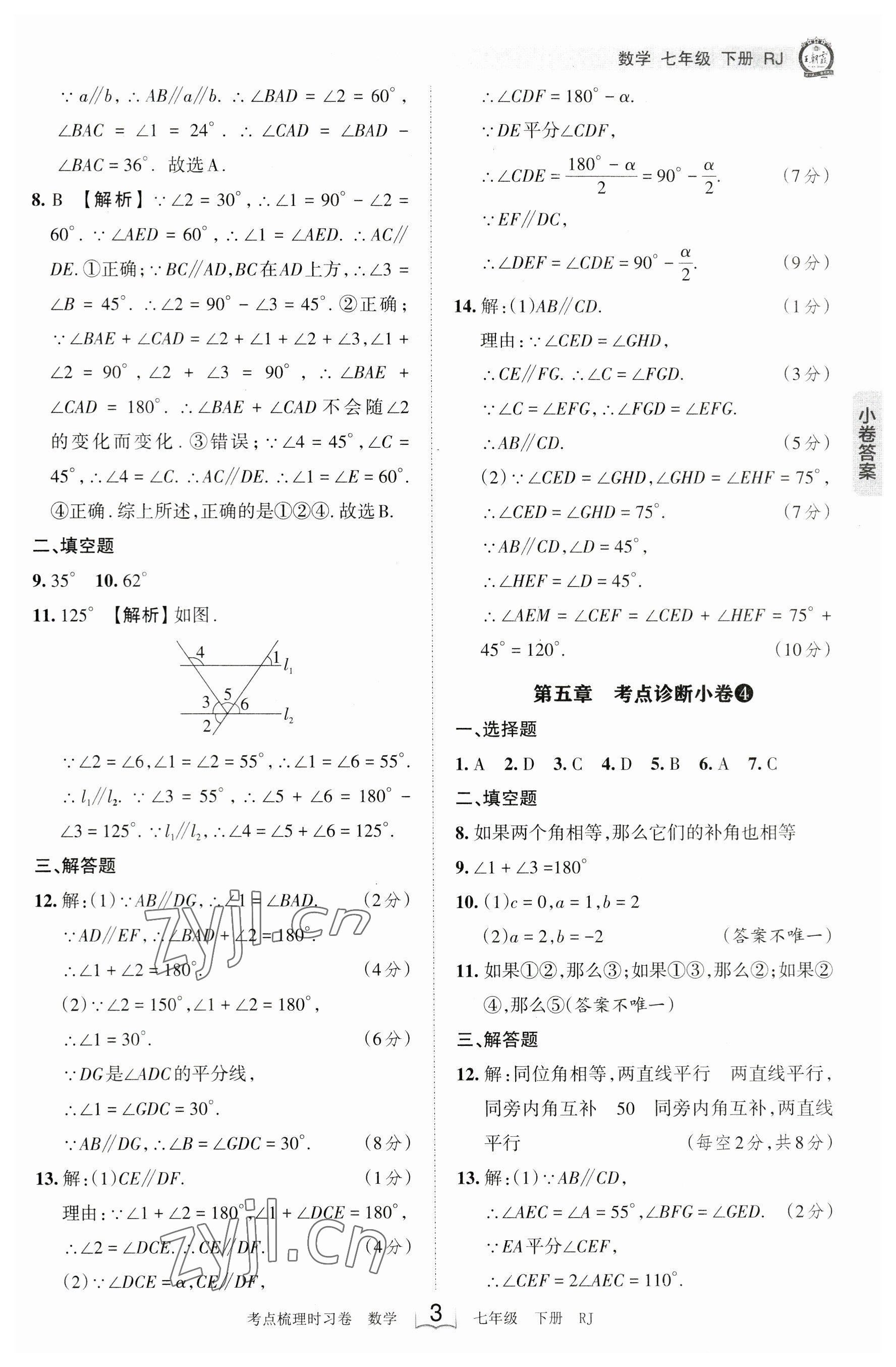 2023年王朝霞考点梳理时习卷七年级数学下册人教版 参考答案第3页