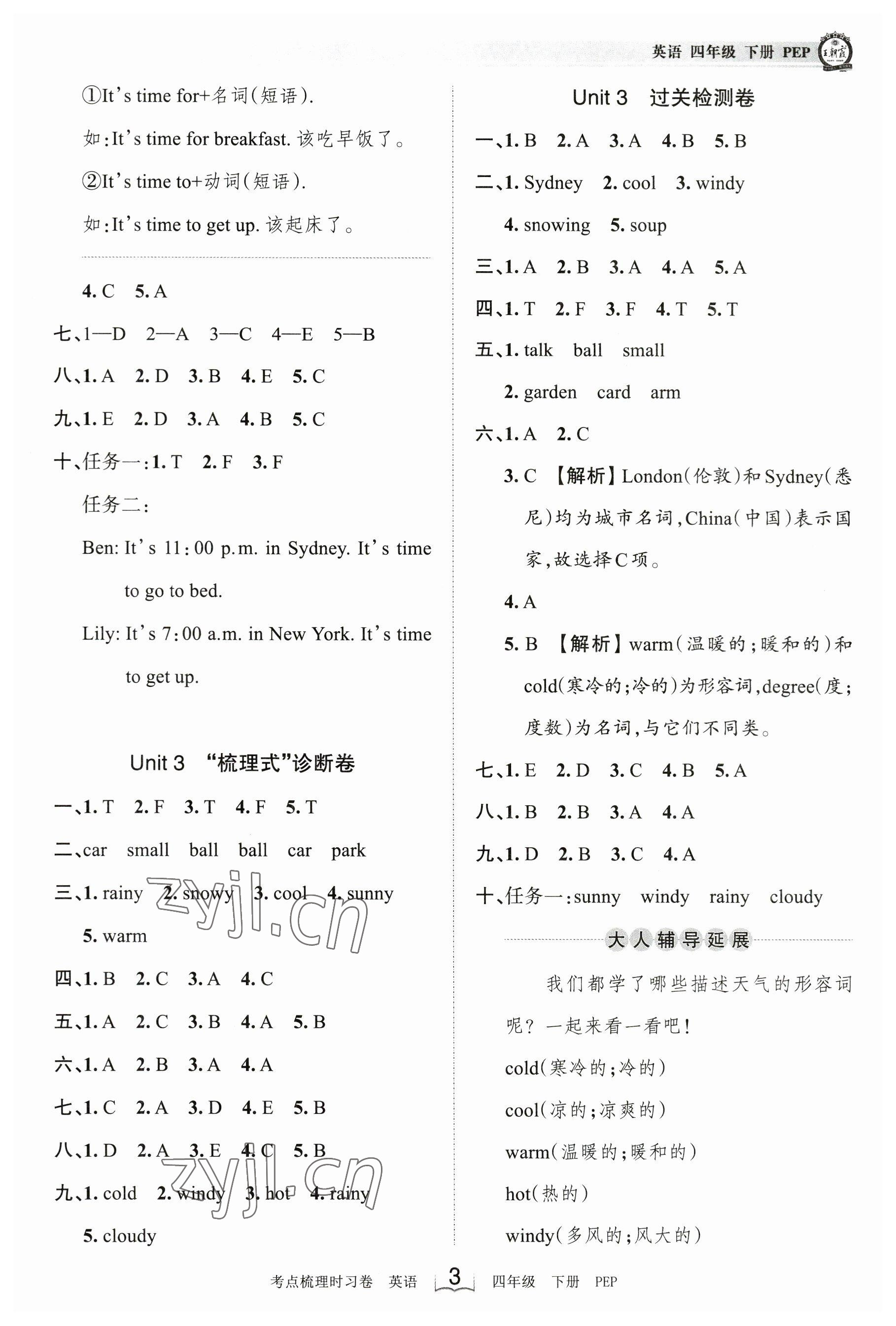 2023年王朝霞考點梳理時習(xí)卷四年級英語下冊人教版 參考答案第3頁