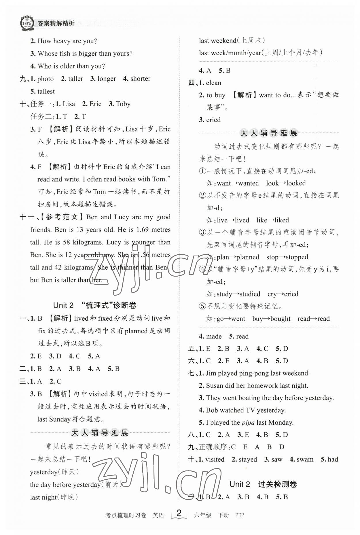 2023年王朝霞考点梳理时习卷六年级英语下册人教版 参考答案第2页