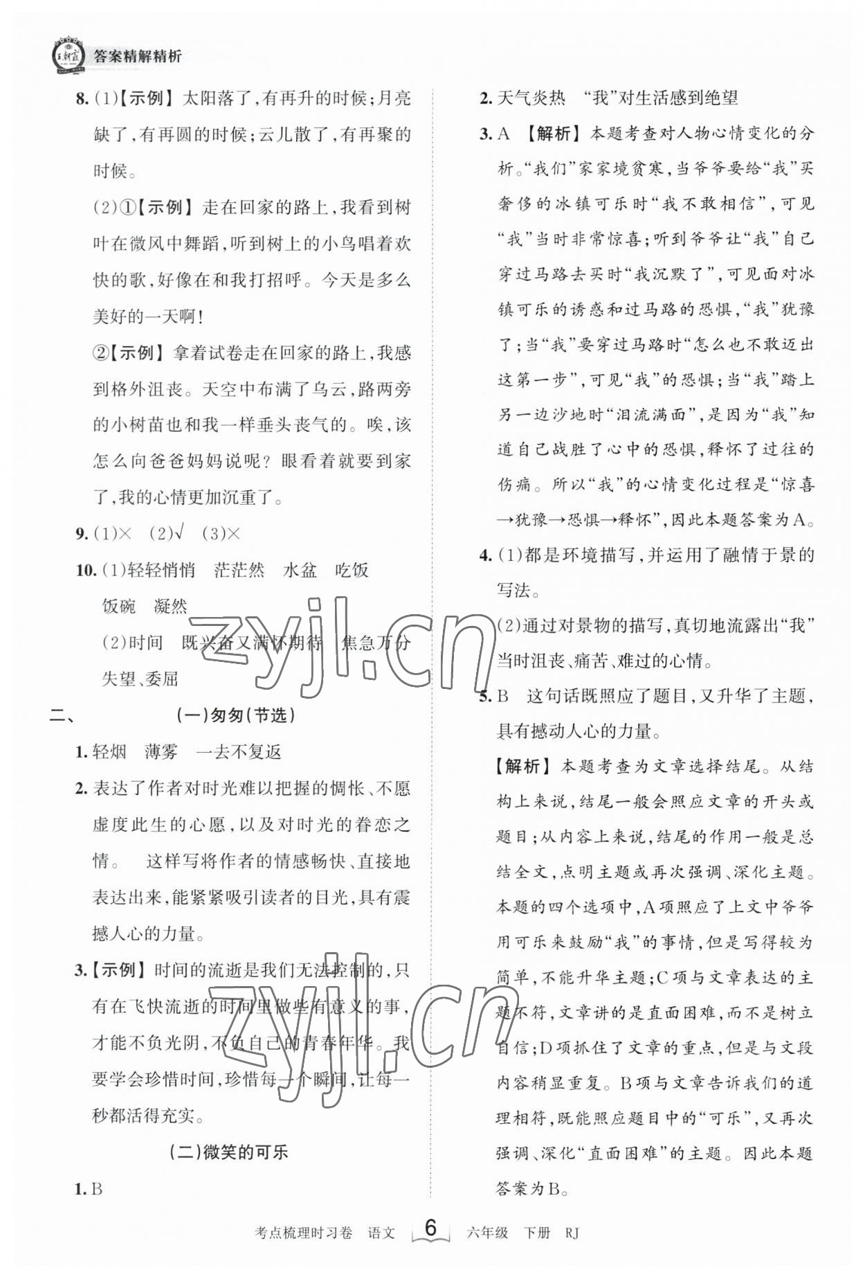 2023年王朝霞考点梳理时习卷六年级语文下册人教版 参考答案第6页