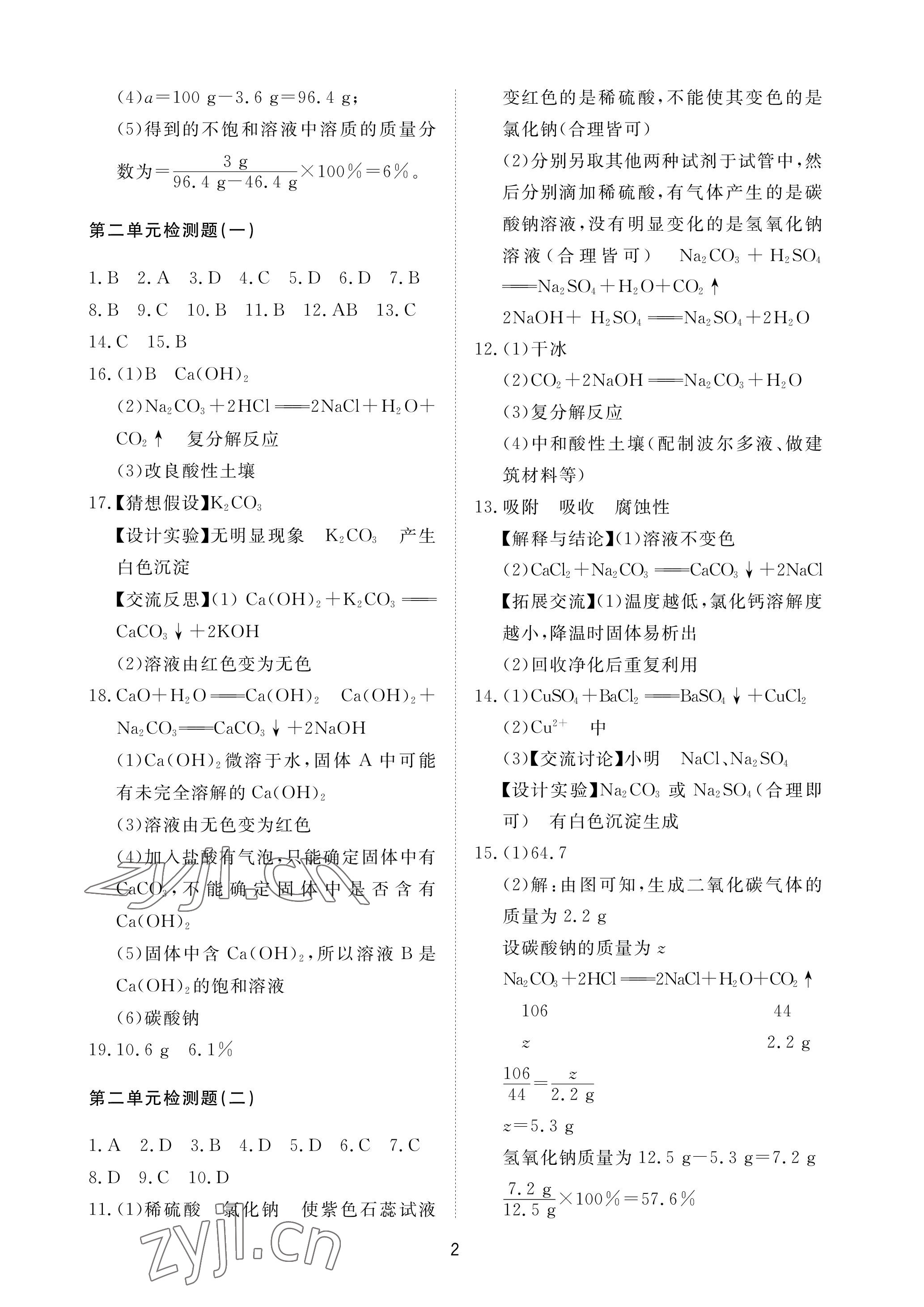 2023年同步練習(xí)冊配套檢測卷九年級化學(xué)下冊魯教版煙臺專版54制 參考答案第2頁