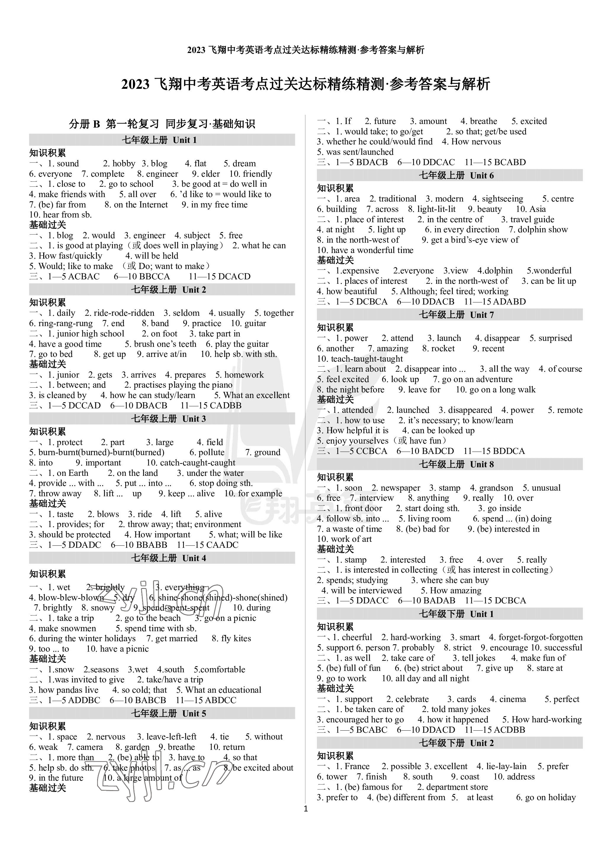 2023年飛翔中考英語考點過關(guān)達(dá)標(biāo)精練精測廣州專版 參考答案第1頁