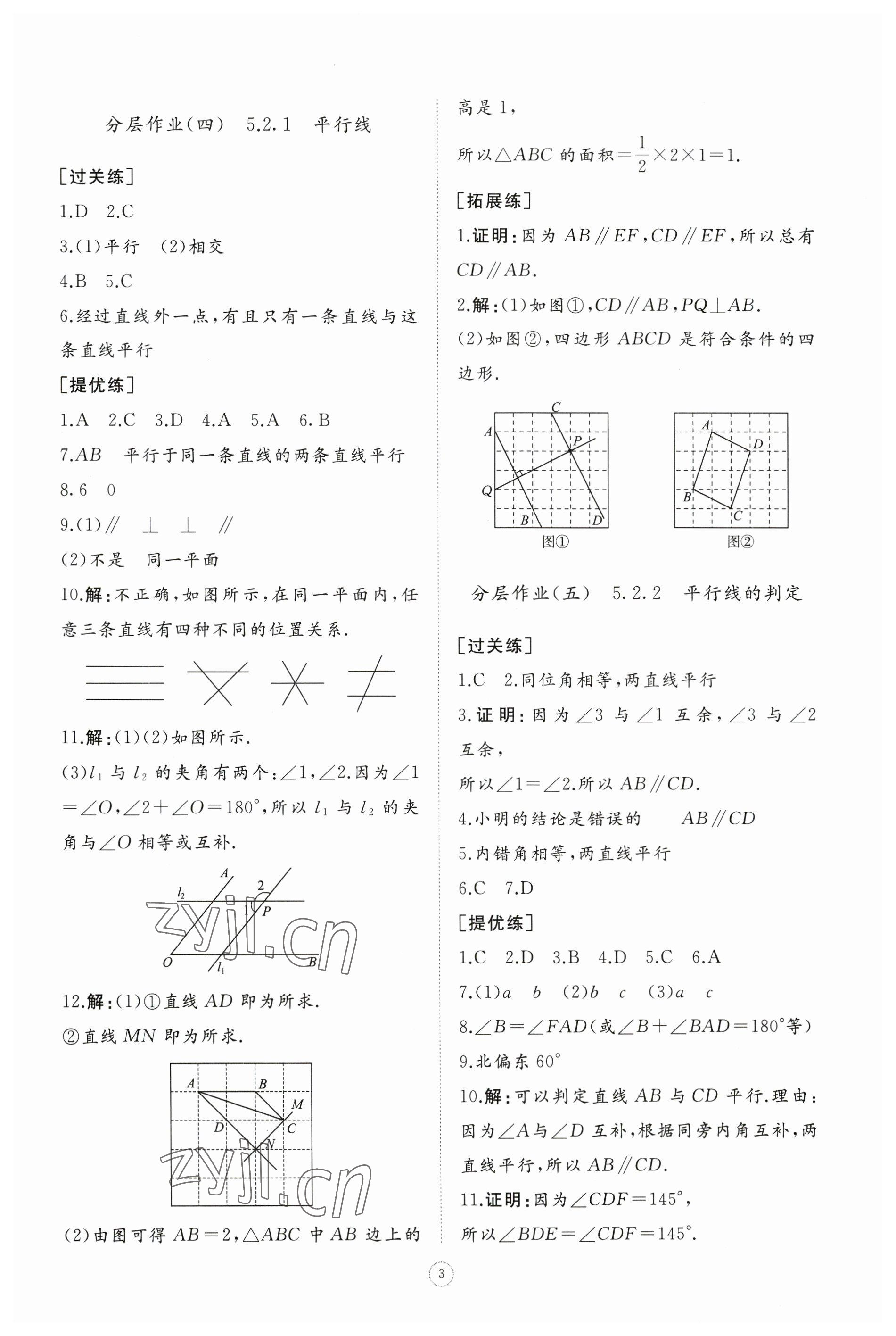 2023年同步练习册智慧作业七年级数学下册人教版 参考答案第3页