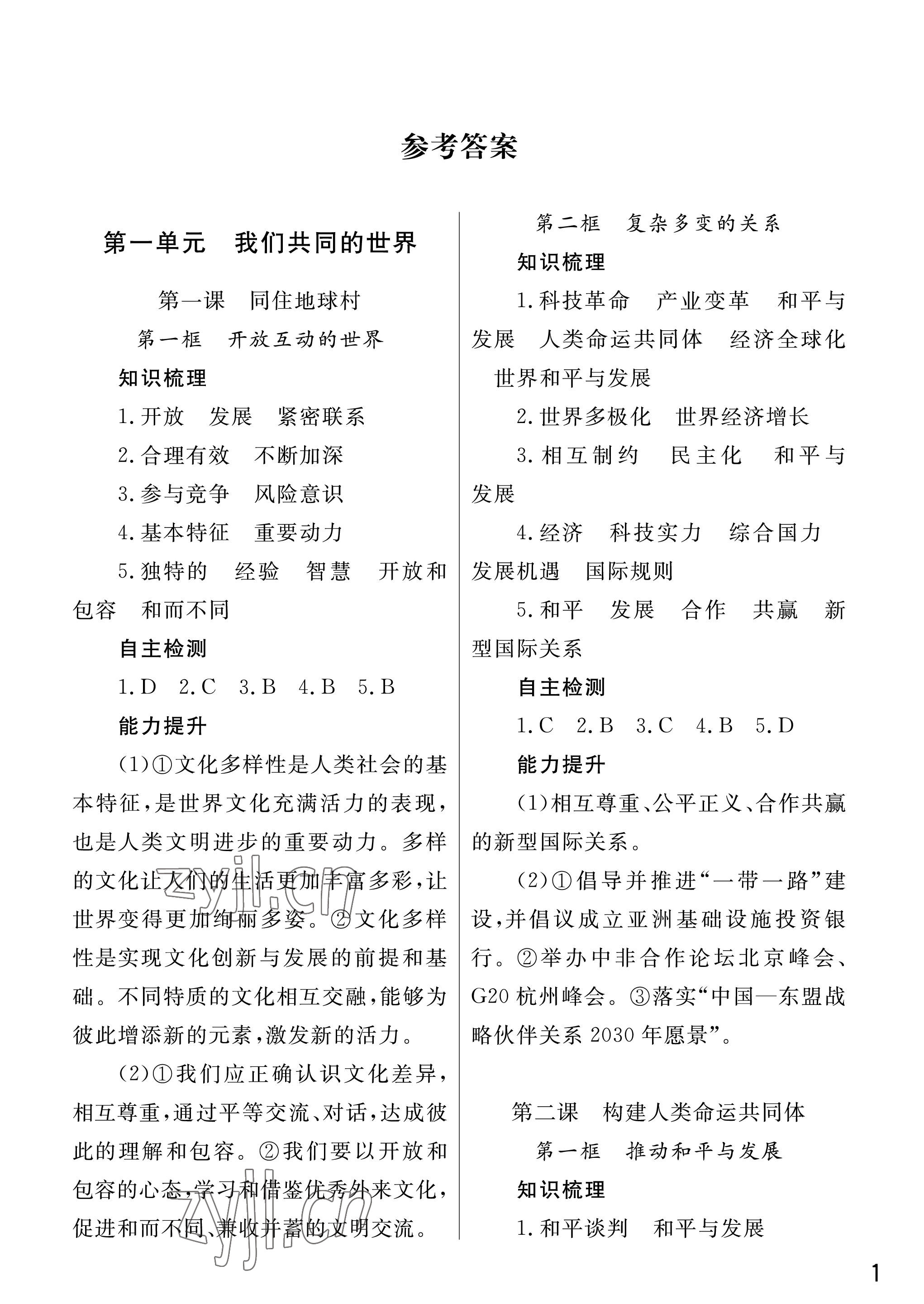 2023年課堂作業(yè)武漢出版社九年級道德與法治下冊人教版 參考答案第1頁