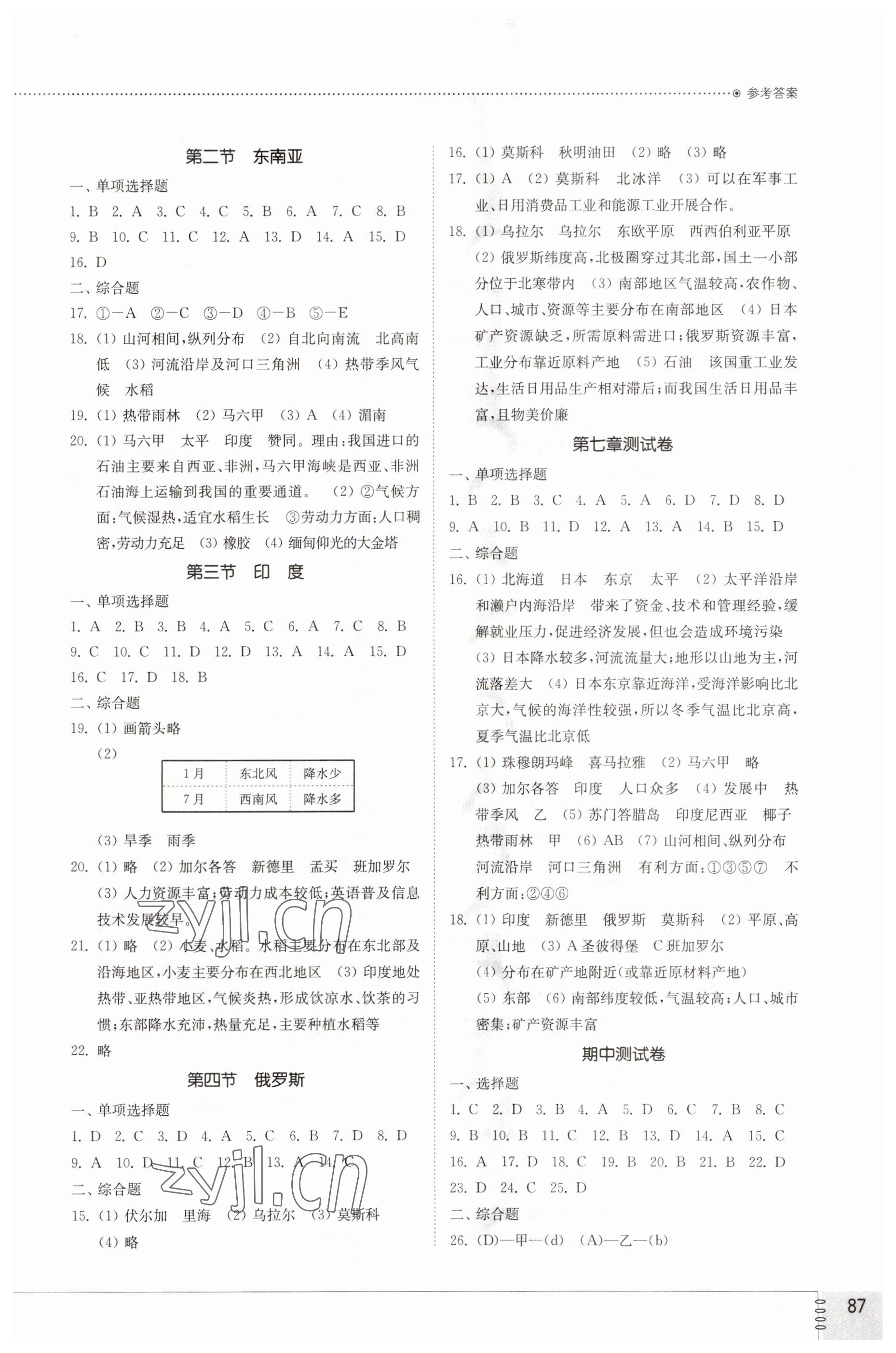 2023年同步练习册山东教育出版社六年级地理下册鲁教版54制 参考答案第2页