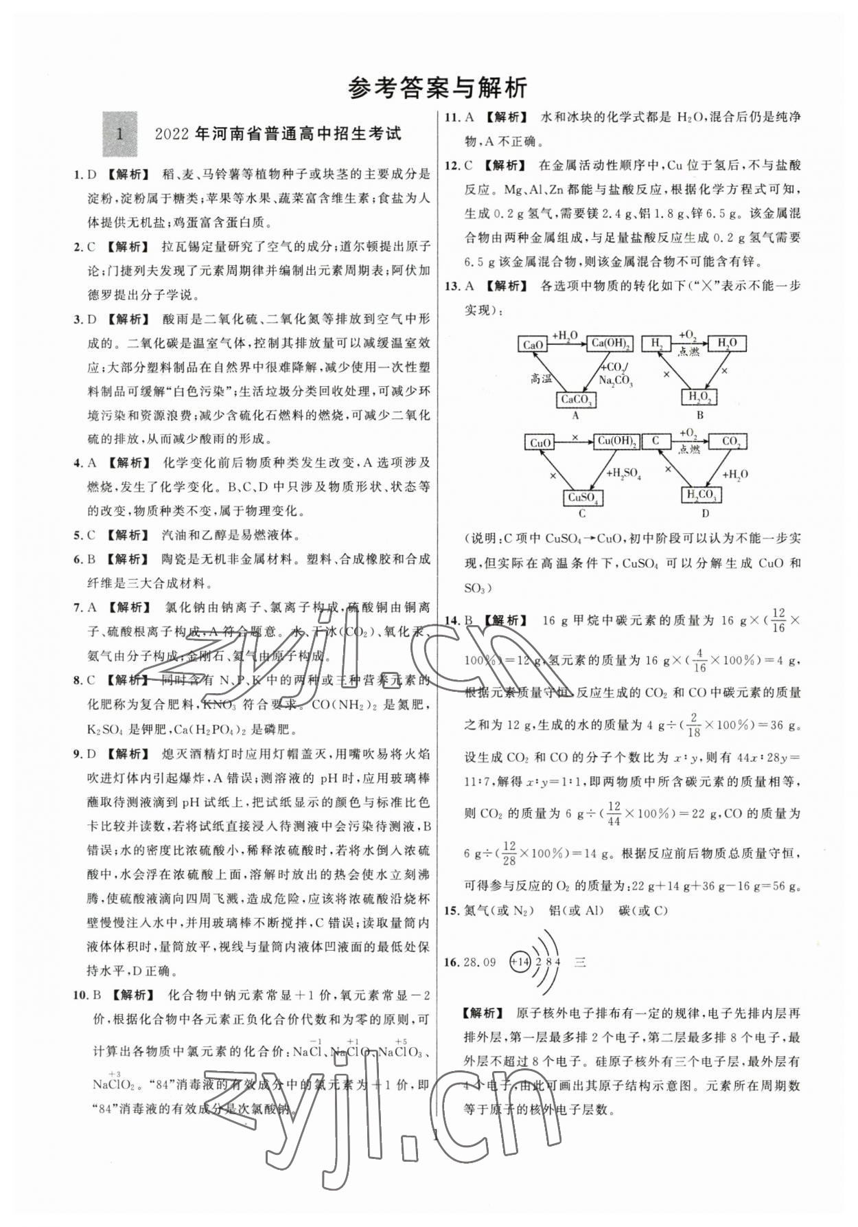 2023年中考名師解密熱點試題匯編化學河南專版 參考答案第1頁