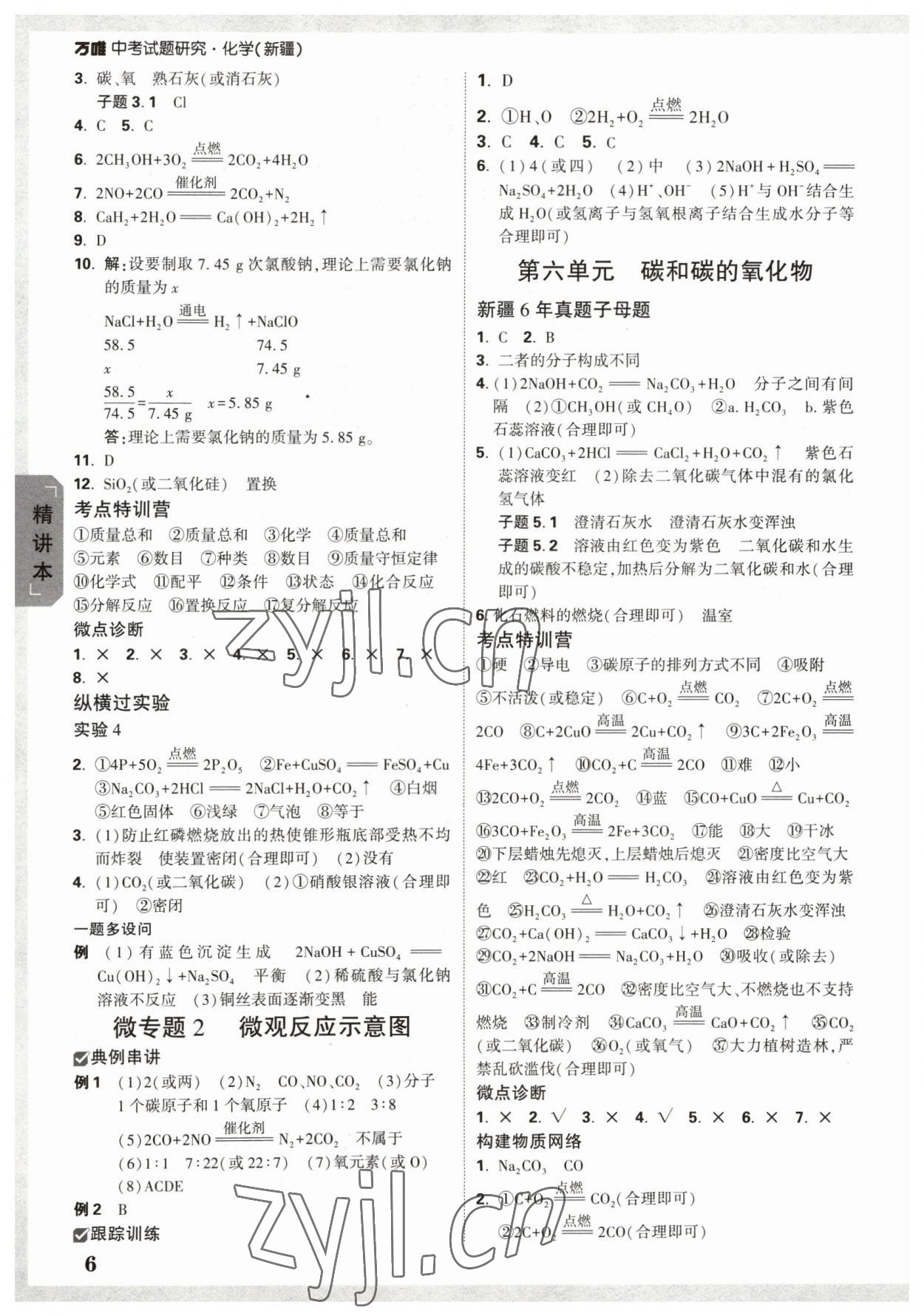 2023年万唯中考试题研究化学新疆专版 参考答案第5页