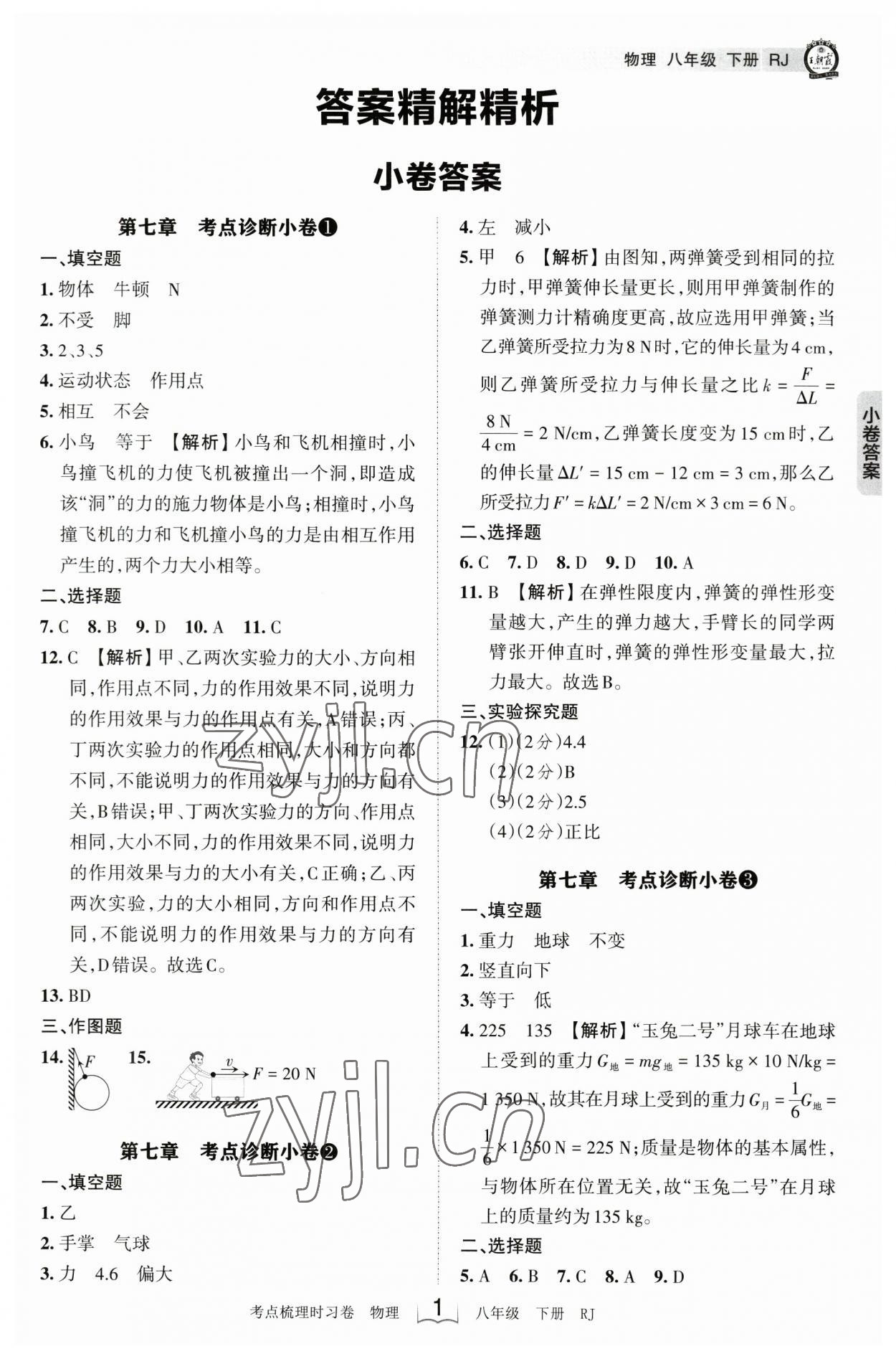 2023年王朝霞考點梳理時習卷八年級物理下冊人教版 參考答案第1頁