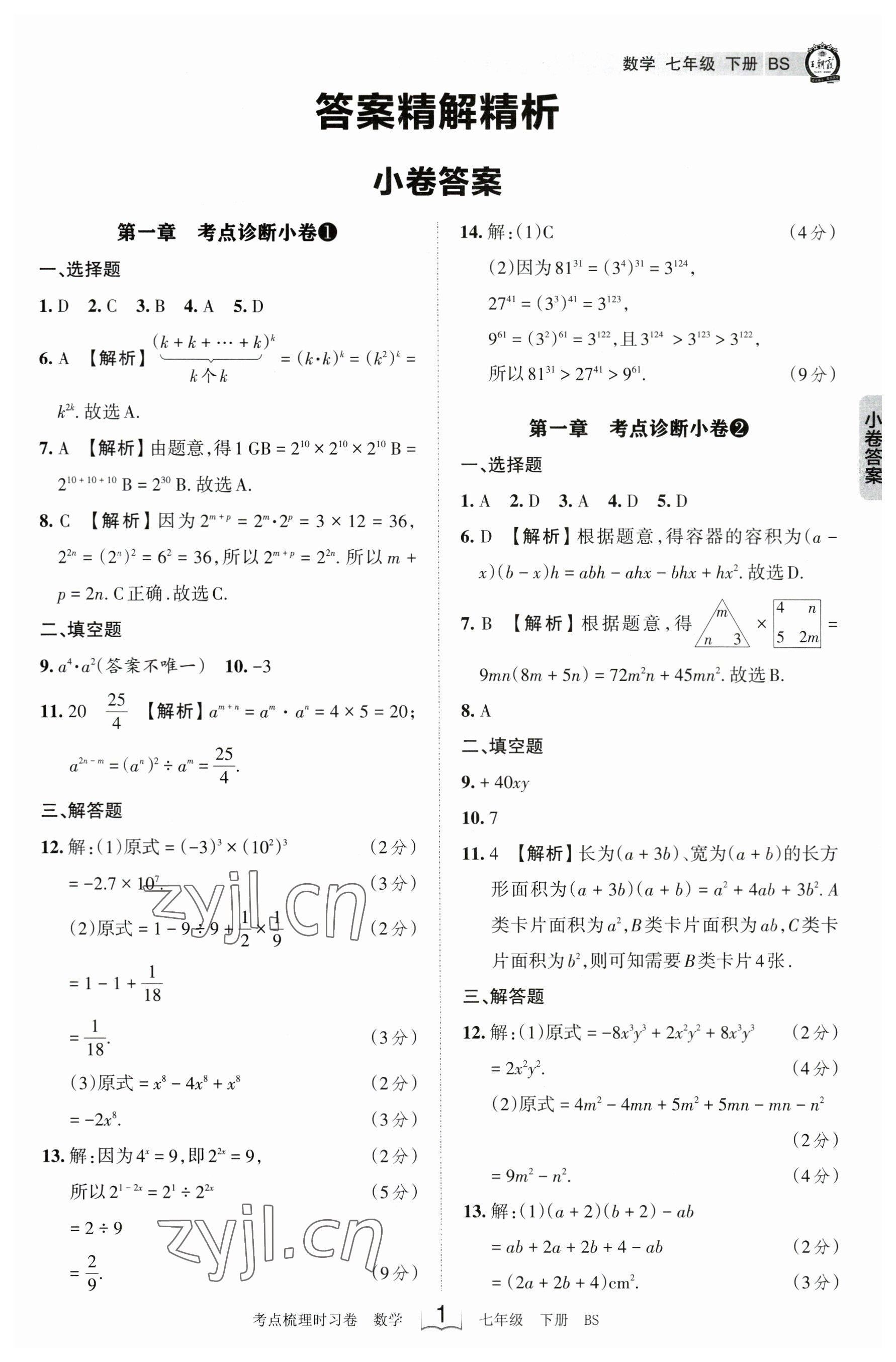 2023年王朝霞考点梳理时习卷七年级数学下册北师大版 参考答案第1页