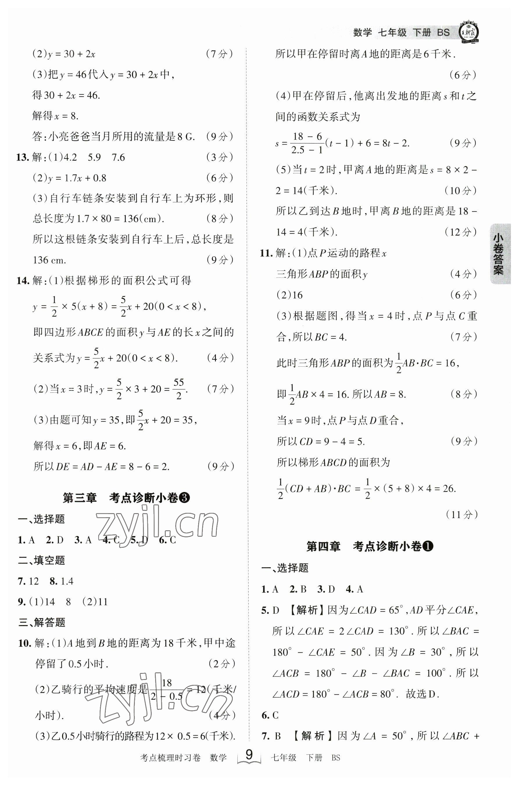 2023年王朝霞考點(diǎn)梳理時(shí)習(xí)卷七年級數(shù)學(xué)下冊北師大版 參考答案第9頁