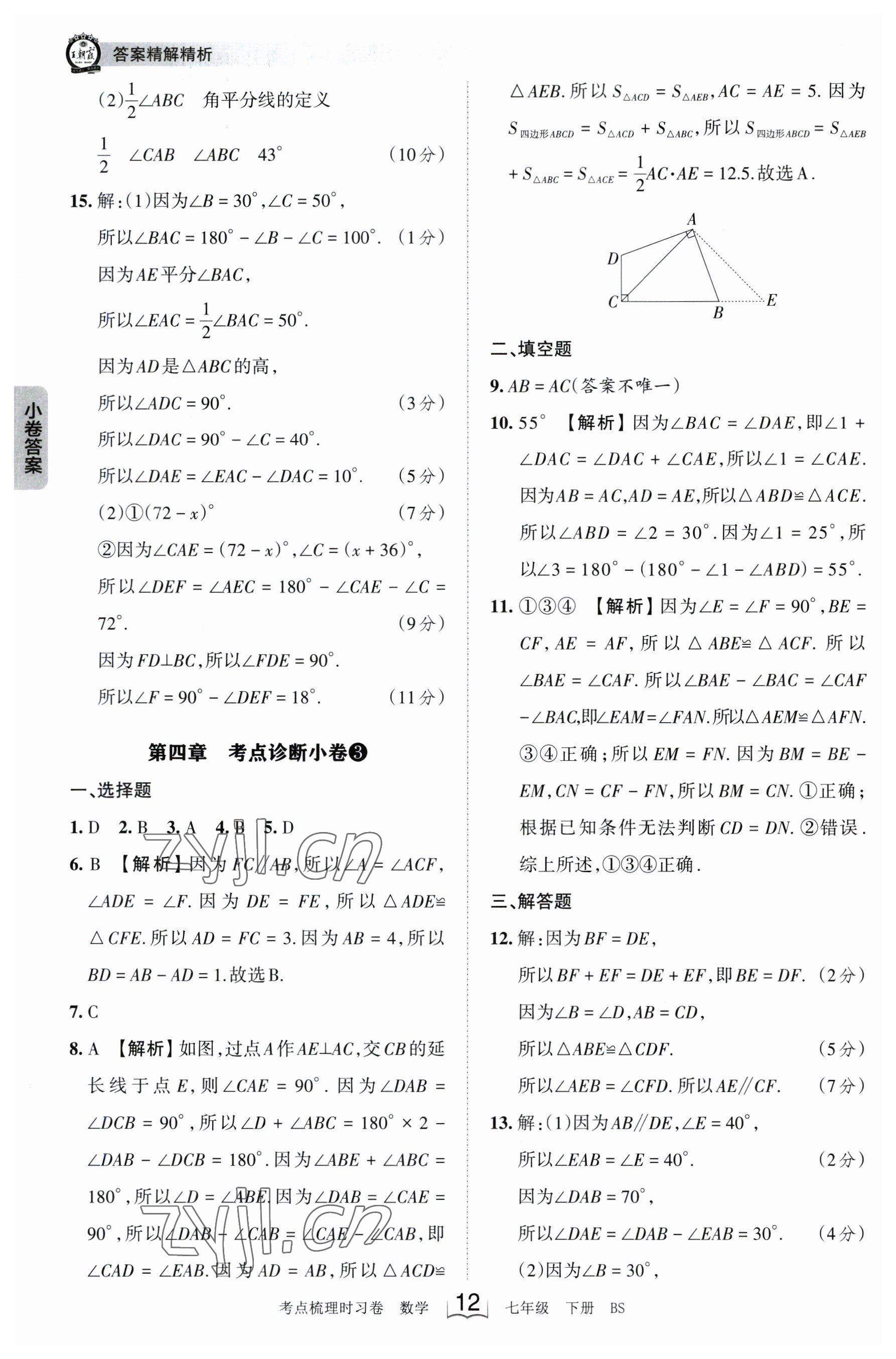 2023年王朝霞考点梳理时习卷七年级数学下册北师大版 参考答案第12页