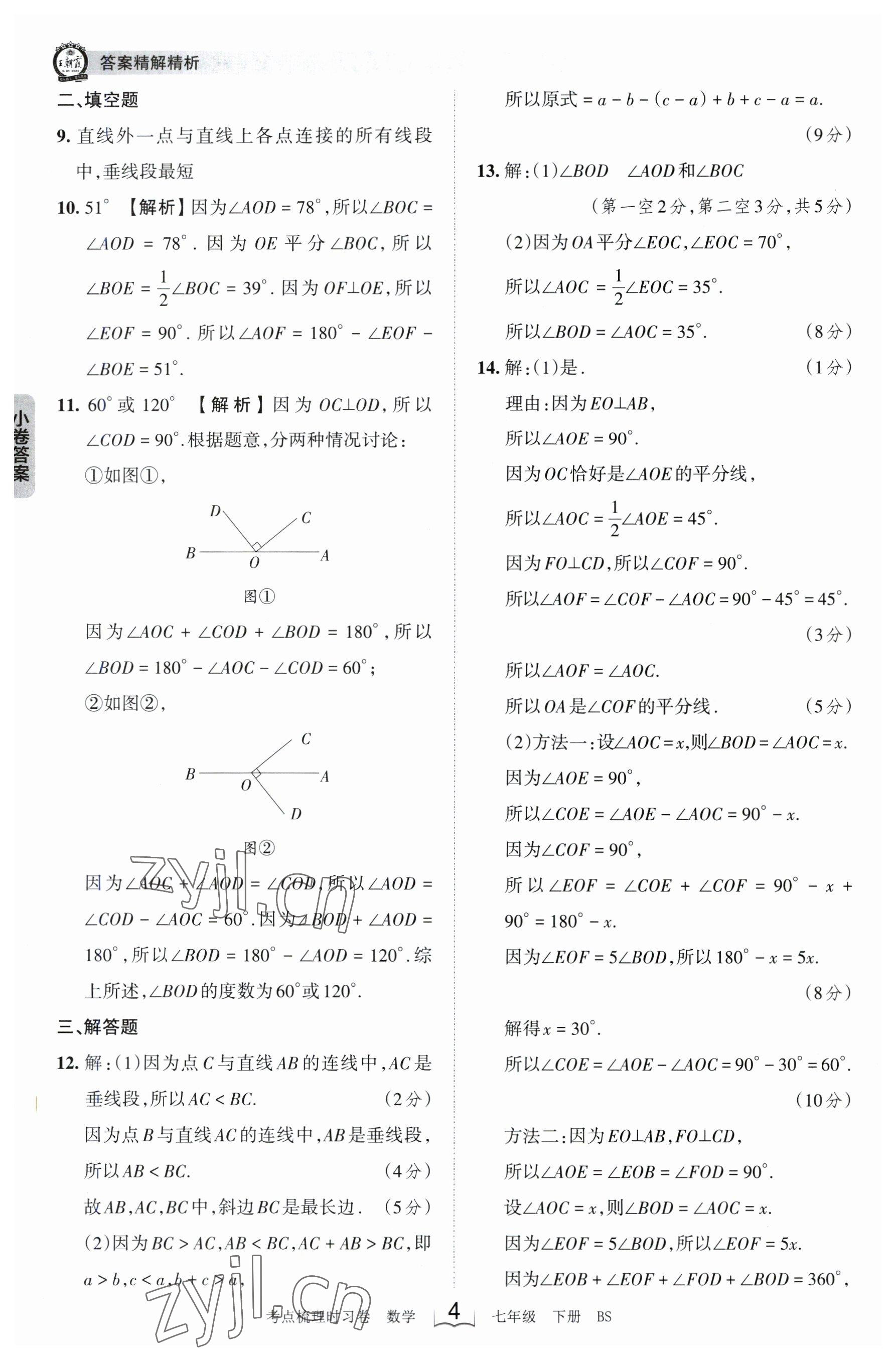 2023年王朝霞考点梳理时习卷七年级数学下册北师大版 参考答案第4页