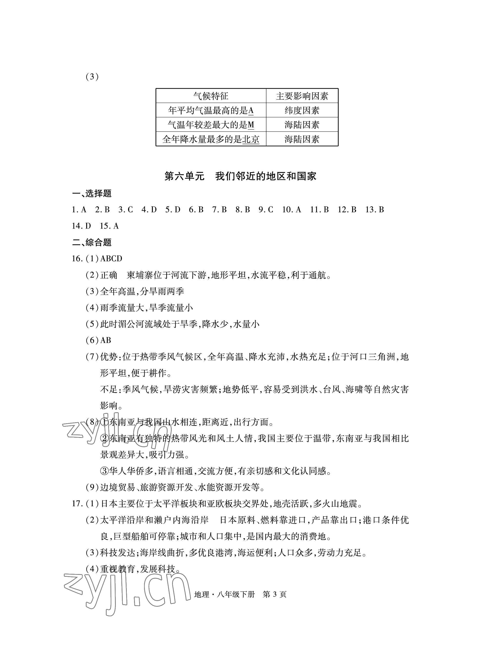 2023年初中同步練習冊自主測試卷八年級地理下冊人教版 參考答案第3頁