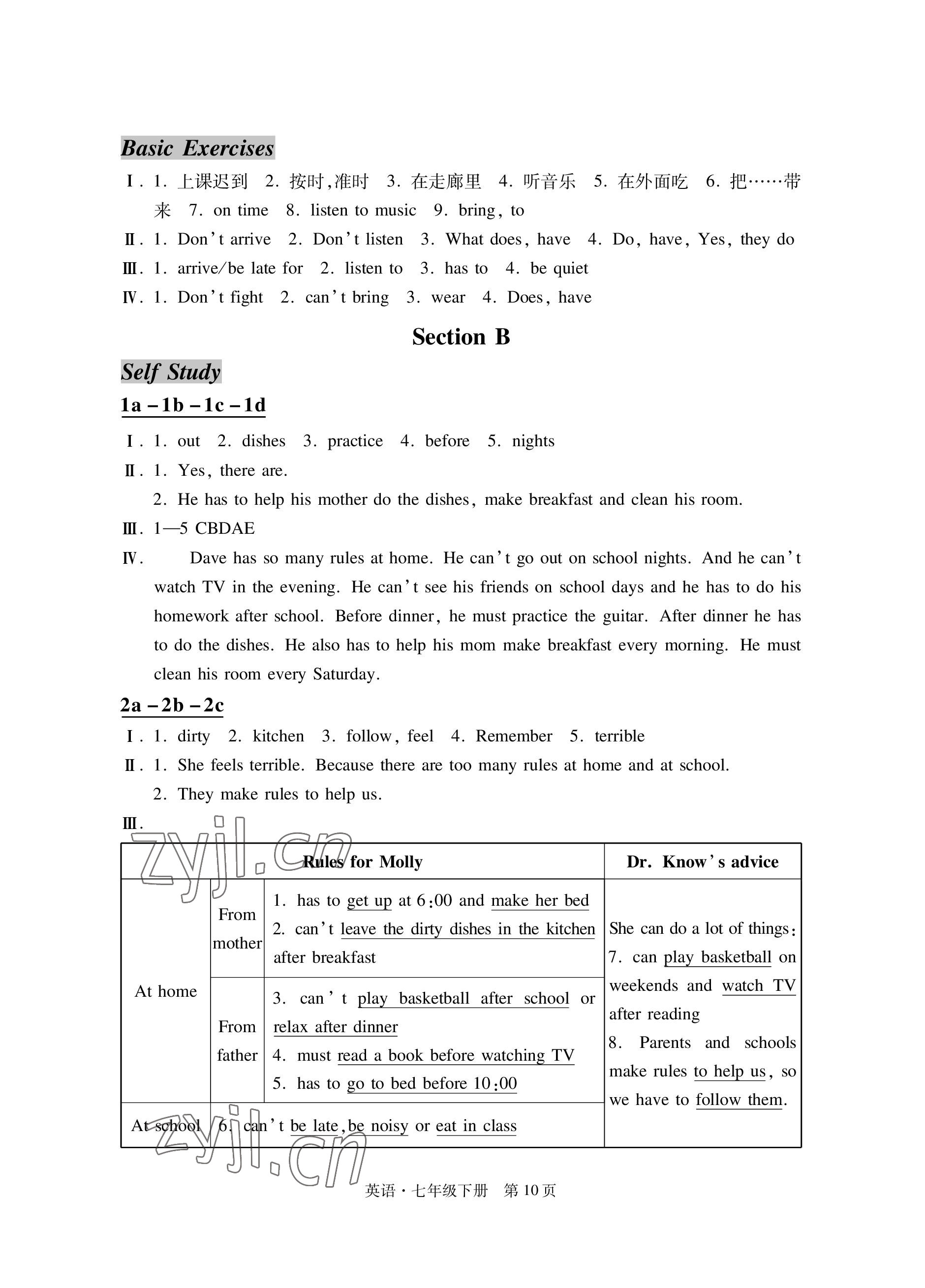 2023年自主學(xué)習(xí)指導(dǎo)課程與測試七年級英語下冊人教版 參考答案第10頁