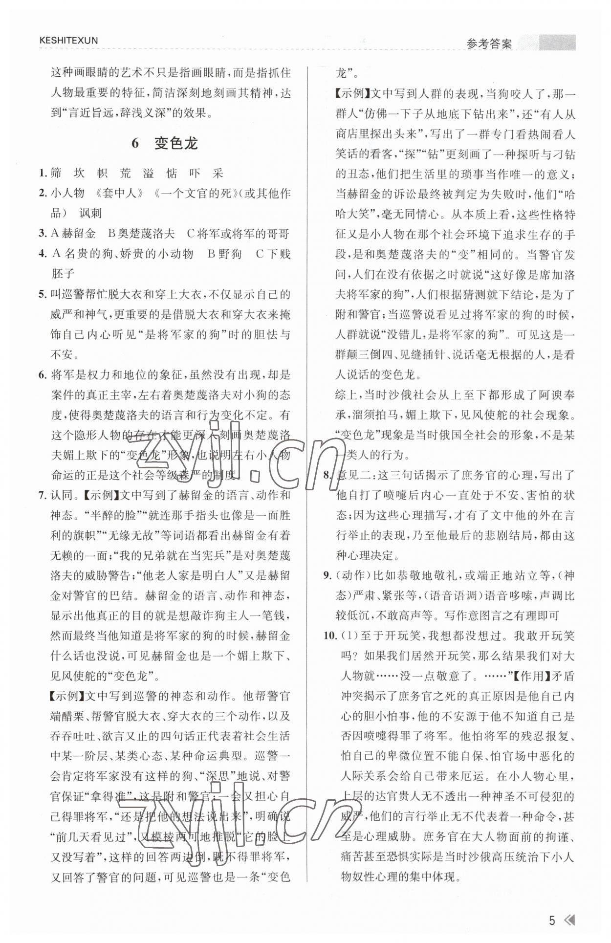 2023年浙江新課程三維目標(biāo)測(cè)評(píng)課時(shí)特訓(xùn)九年級(jí)語文下冊(cè)人教版 參考答案第5頁(yè)