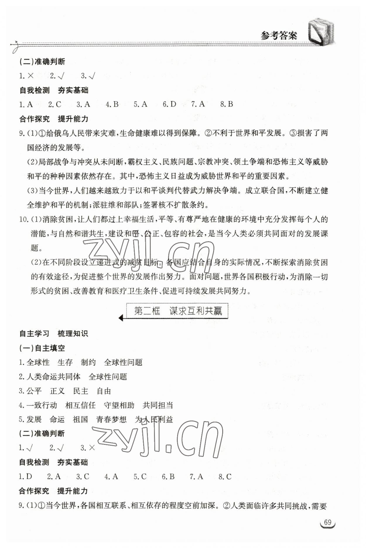 2023年长江作业本同步练习册九年级道德与法治下册人教版 参考答案第3页