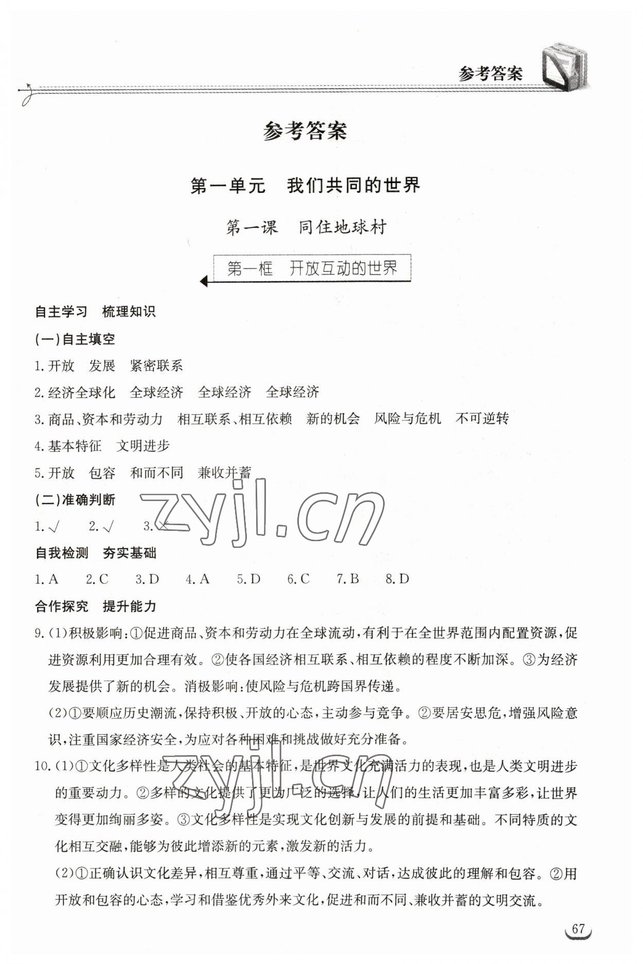 2023年长江作业本同步练习册九年级道德与法治下册人教版 参考答案第1页