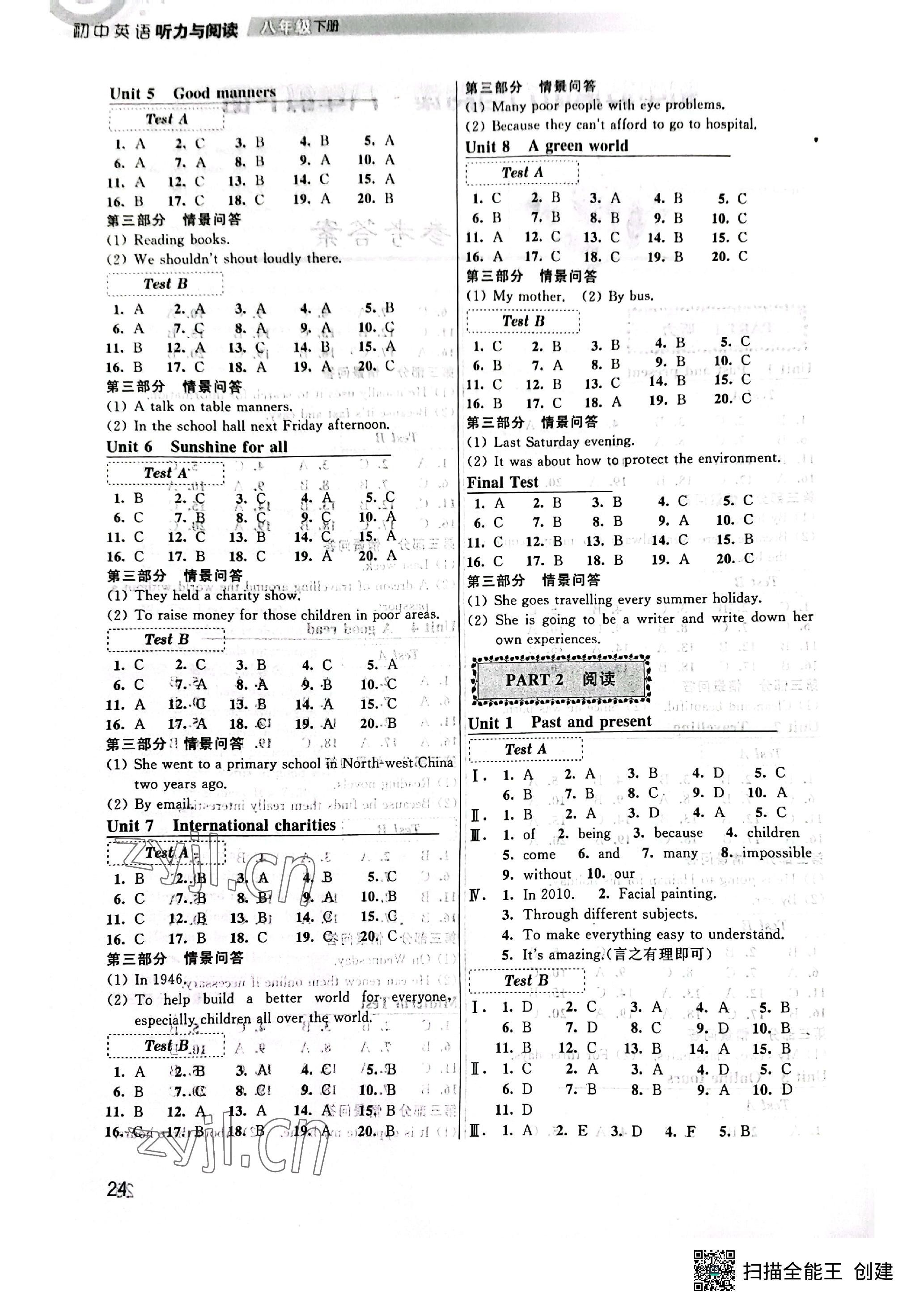 2023年初中英語聽力與閱讀八年級下冊譯林版 參考答案第2頁