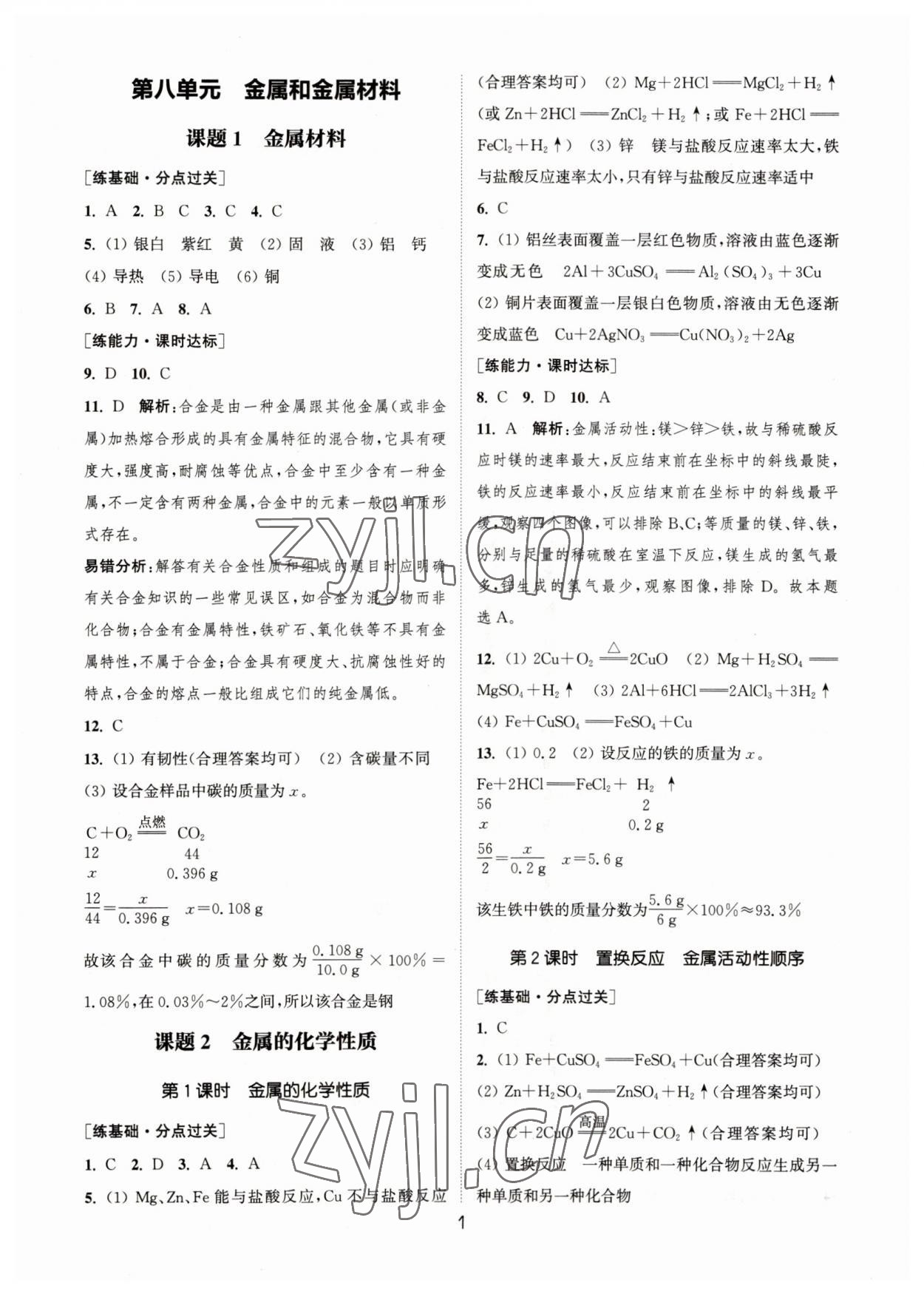 2023年通城學(xué)典小題精練九年級(jí)化學(xué)下冊(cè)人教版 參考答案第1頁(yè)