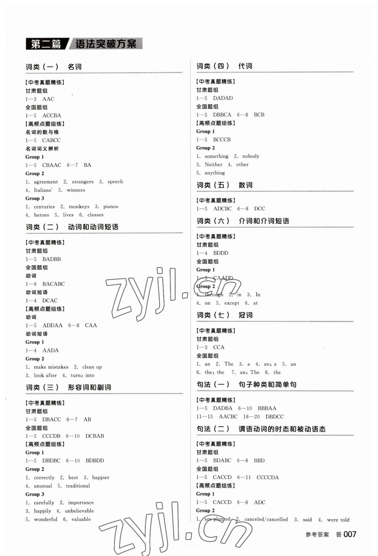 2023年全品中考復(fù)習(xí)方案英語甘肅專版 參考答案第6頁