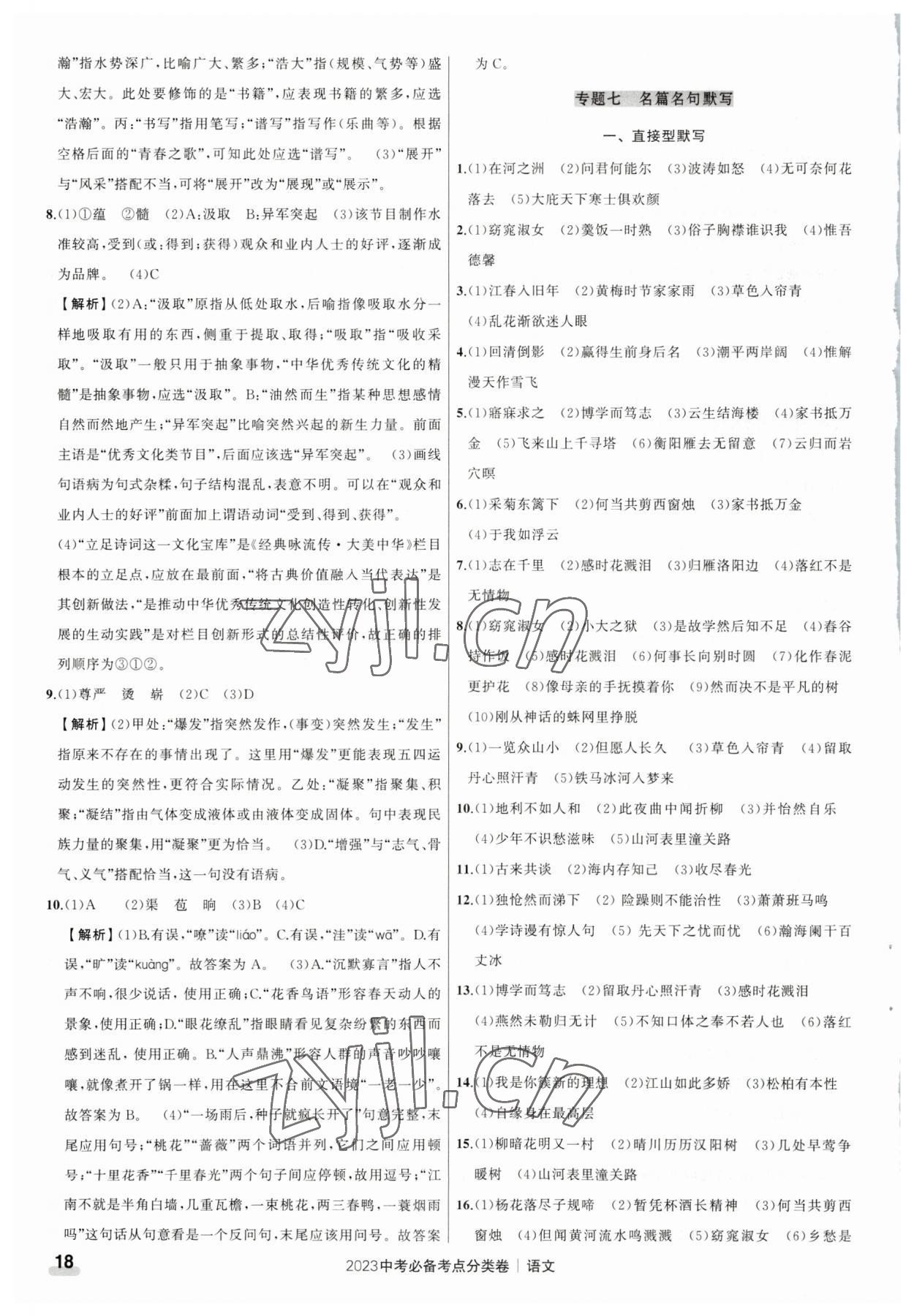 2023年中考必备考点分类卷语文 参考答案第18页