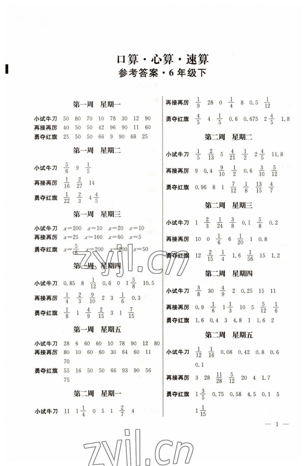 2023年口算心算速算江六年級數(shù)學(xué)下冊蘇教版蘇鳳凰美術(shù)出版社 第1頁