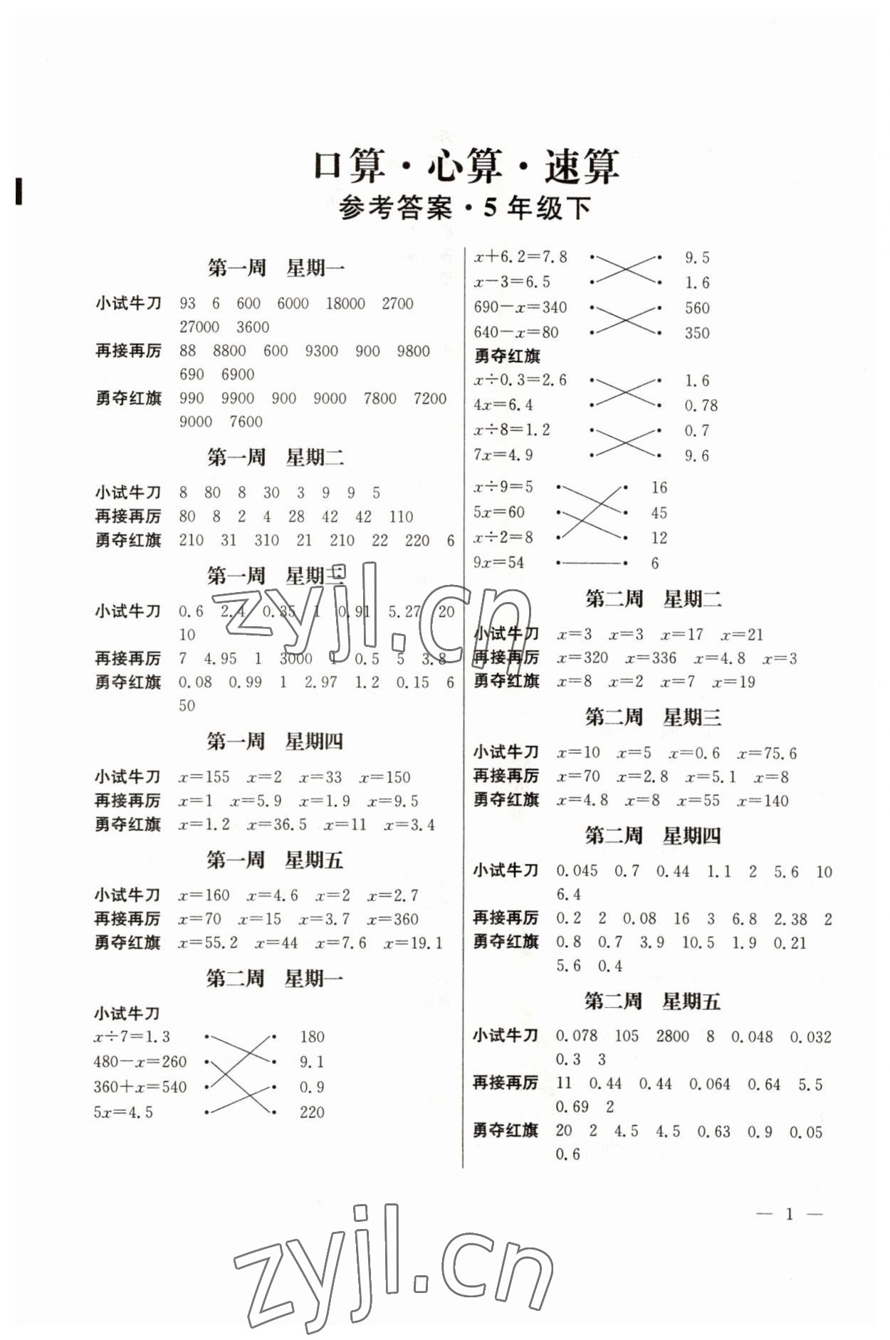 2023年口算心算速算江蘇鳳凰美術(shù)出版社五年級(jí)數(shù)學(xué)下冊(cè)蘇教版 第1頁(yè)