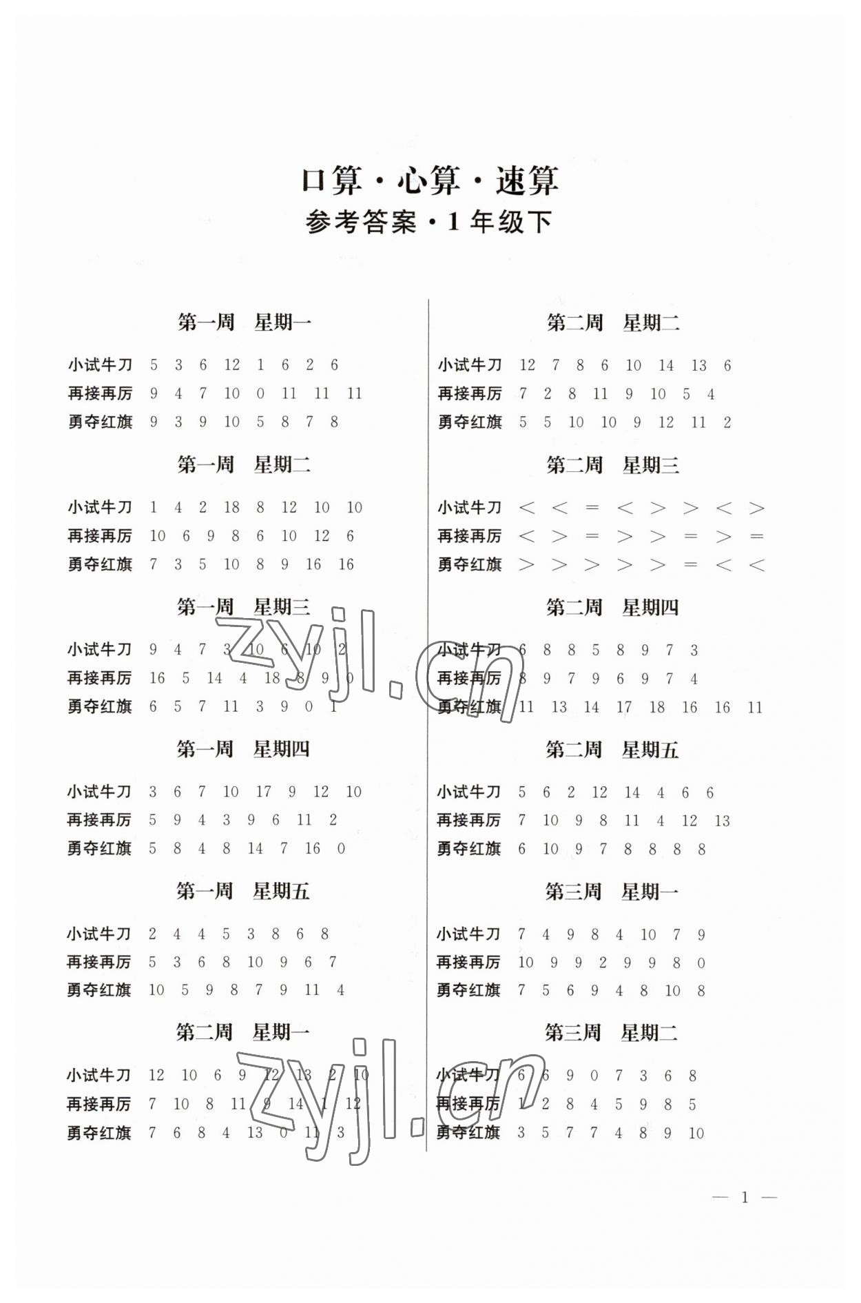 2023年口算心算速算一年級數(shù)學(xué)下冊蘇教版江蘇鳳凰美術(shù)出版社 第1頁