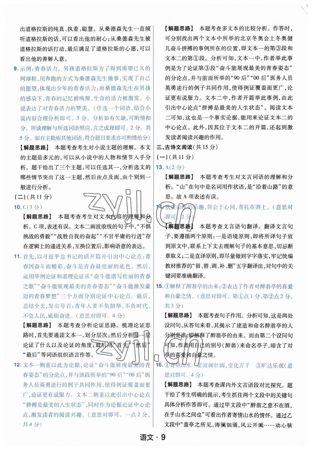 2023年金考卷中考45套匯編語文河南專版紫色封面 參考答案第9頁