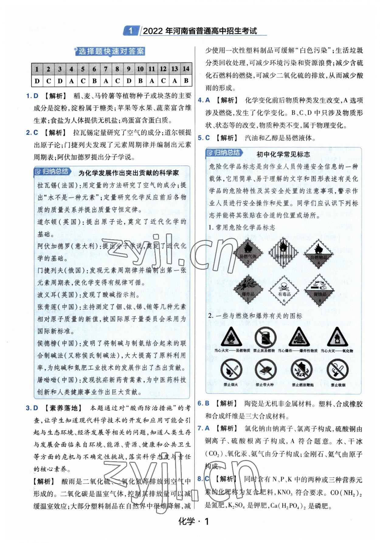 2023年金考卷中考45套匯編化學(xué)河南專版紫色封面 參考答案第1頁