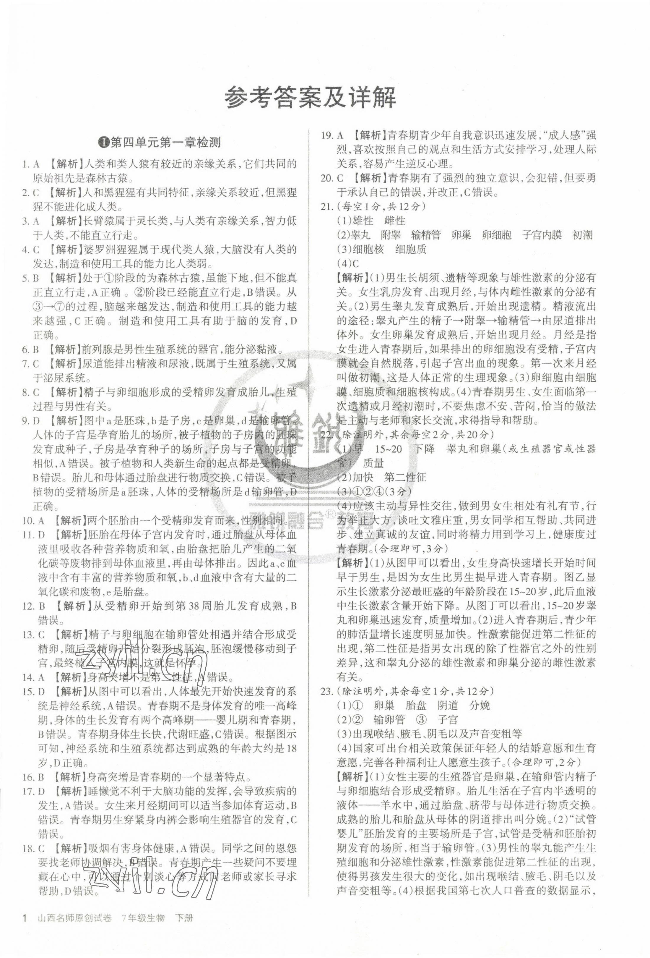 2023年山西名師原創(chuàng)試卷七年級生物下冊人教版 第1頁