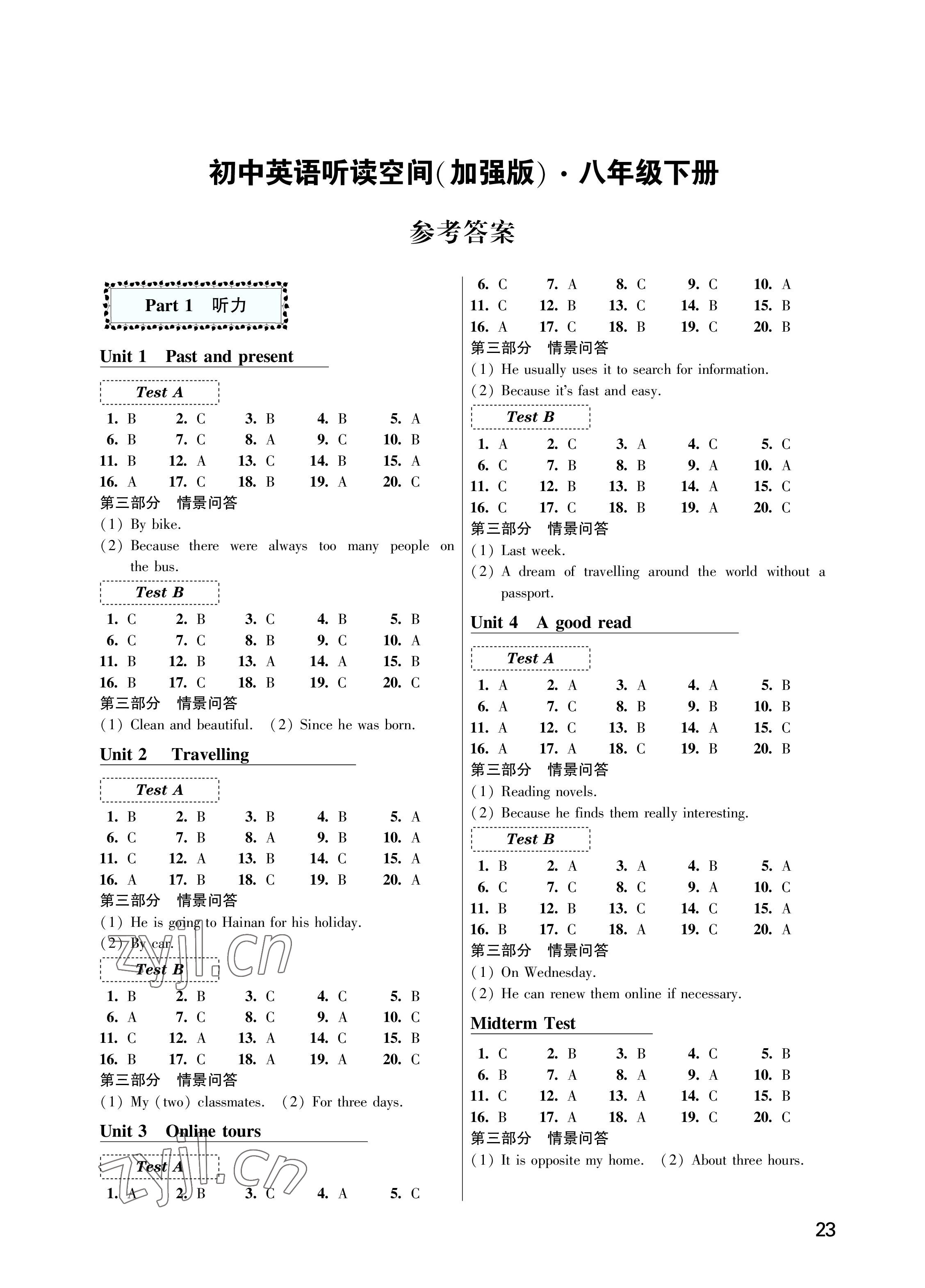 2023年英語聽讀空間八年級(jí)英語下冊(cè)譯林版加強(qiáng)版 參考答案第1頁