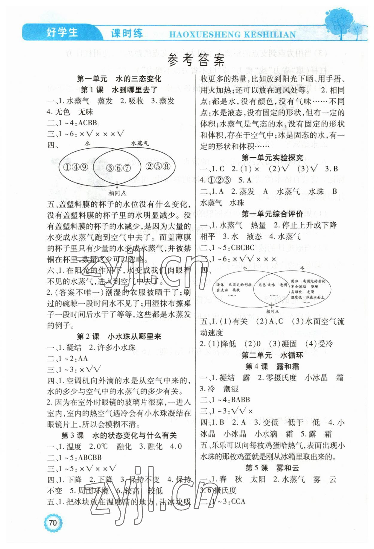 2023年好學生課時練五年級科學下冊冀教版 參考答案第1頁