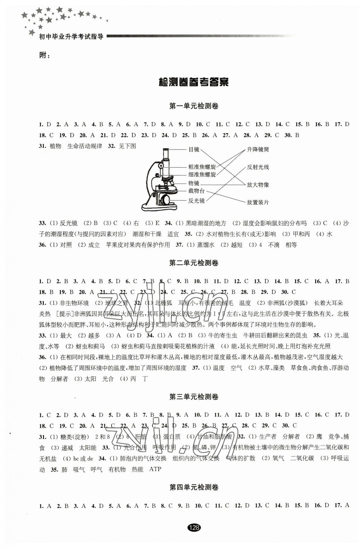 2023年初中毕业升学考试指导生物学 参考答案第1页