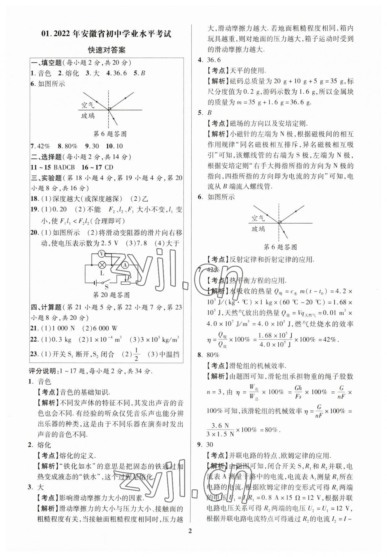 2023年练客中考真题精选物理中考人教版安徽专版 参考答案第1页